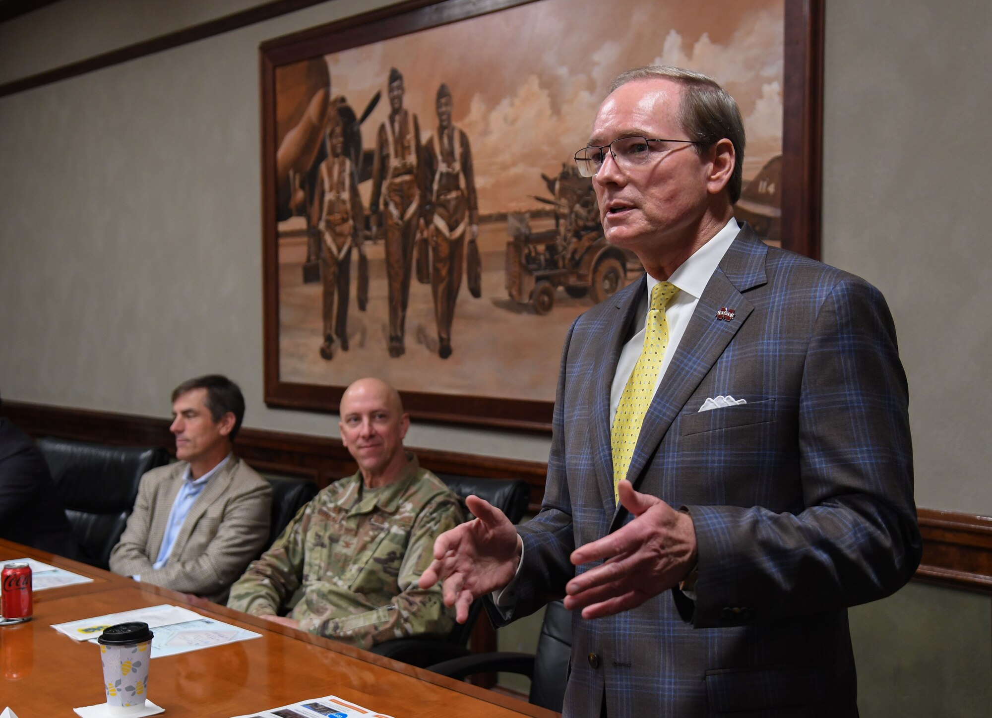 Senator W. Briggs Hopson, III, Mississippi State Senate District 23 senator, asks a question during an overview of the proposed site for the new Cyber Center to members of the State Delegation and the Mississippi State Delegation at Keesler Air Force Base, Mississippi, Oct. 25, 2022.