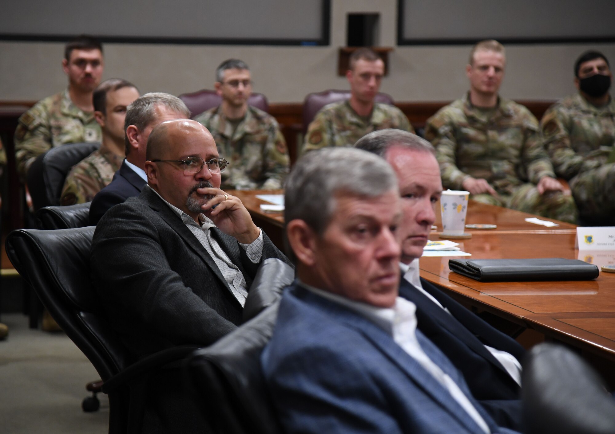 Senator W. Briggs Hopson, III, Mississippi State Senate District 23 senator, asks a question during an overview of the proposed site for the new Cyber Center to members of the State Delegation and the Mississippi State Delegation at Keesler Air Force Base, Mississippi, Oct. 25, 2022.