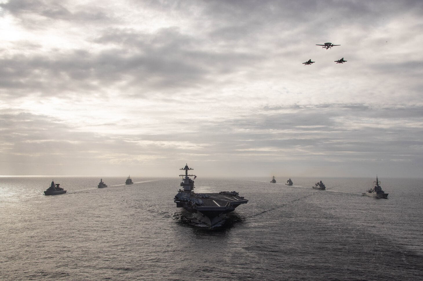 USS Gerald R. Ford (CVN 78) carrier strike group underway in the Atlantic Ocean with NATO ships.