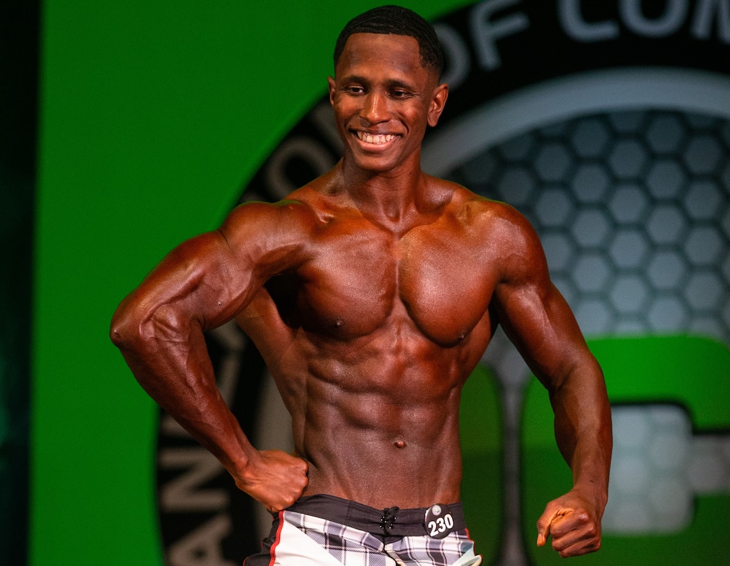 U.S. Marine Corps Sgt. David Hamptonfurr, administrative specialist, Marine Corps Base Quantico, poses for a photo on MCB Quantico, Oct. 4, 2022. Hamptonfurr competed in the 2022 Organization of Competitive Bodybuilding in Bowie, Maryland, making his professional debut.