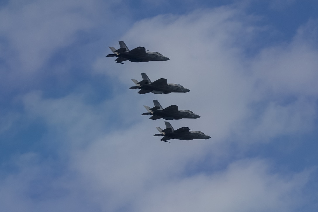 U.S. Marines with Marine Fighter Attack Training Squadron (VMFAT) 501 fly four F-35B Lightning II fighter jets over Naval Air Station Joint Reserve Base New Orleans, Louisiana, Oct. 24, 2022. VMFAT-501 deployed to NAS JRB New Orleans to increase entry-level pilots' proficiency in offensive-air support, electronic warfare, and routine flight operations for their future fleet assignments. VMFAT-501 is a subordinate unit of 2nd Marine Aircraft Wing, the aviation combat element of II Marine Expeditionary Force. (U.S. Marine Corps photo by Lance Cpl. Elias E. Pimentel III)