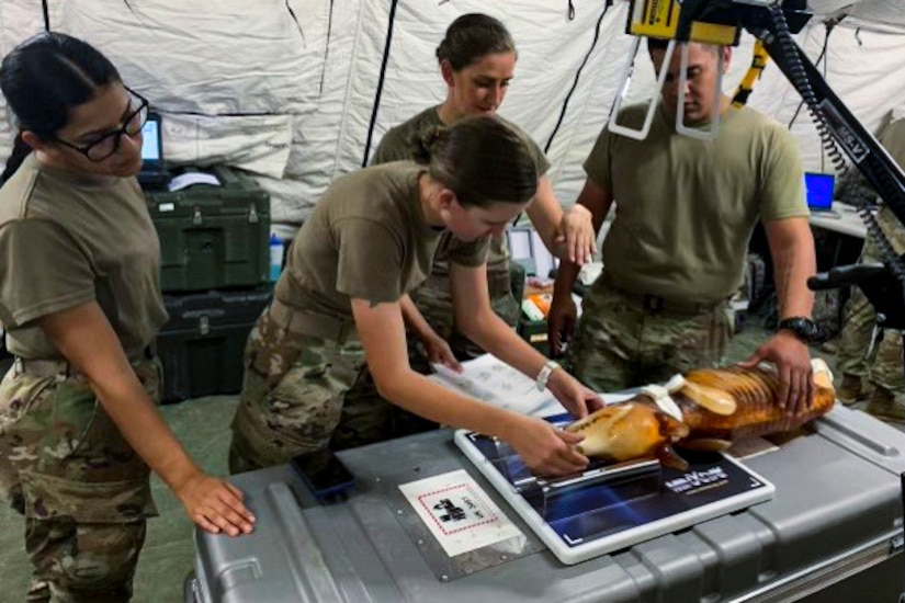 Soldiers and civilians assigned to the U.S. Army Medical Materiel Development Activity (USAMMDA), U.S. Army Medical Test and Evaluation Activity, U.S. Army Medical Logistics Command and 72nd Medical Veterinary Service Support Detachment collaborated to test the Vet X-ray Apparatus-Small at Fort Campbell, Ky., Sept. 29, 2022. The collaboration tested the feasibility of expeditionary lab equipment to fill a critical gap in U.S. military veterinary medicine in austere environments. USAMMDA, is the U.S. Army’s premier developer of new drugs, vaccines, devices and medical support equipment, routinely partners with both U.S. Department of Defense units and non-DOD organizations to provide Warfighters high-quality medical capabilities. (Courtesy Photo by Austin Langdon/Released)