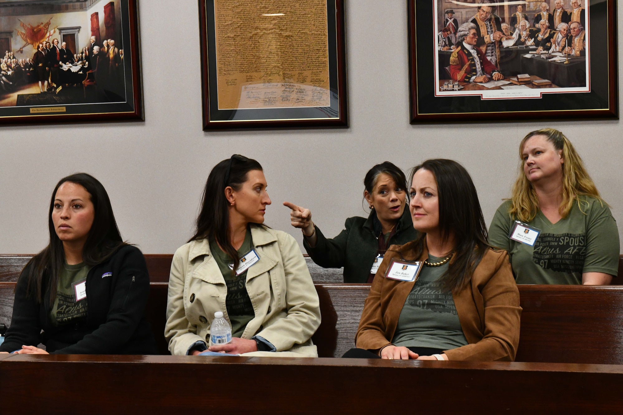 Christine Brindle, spouse of U.S. Air Force Col. John Brindle, 97th Civil Engineer Squadron commander, asks a question during a leadership spouse tour at Altus Air Force Base, Oklahoma, Oct. 19, 2022. The tour focused on visiting locations to learn more about wing resources available to Airmen and their families. (U.S. Air Force photo by Airman 1st Class Miyah Gray)