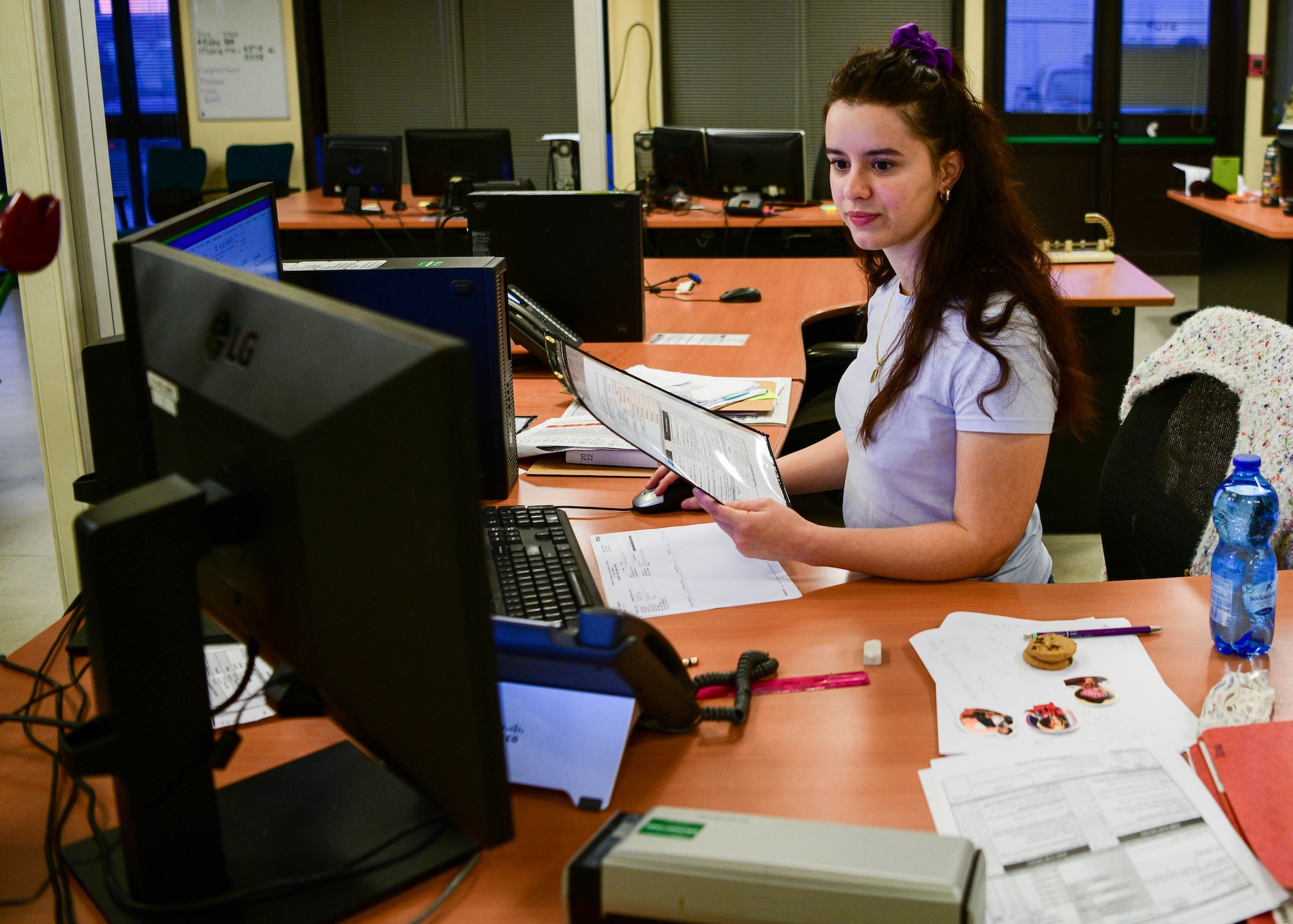 Sabrina Tramontina, 31st Logistics Readiness Squadron Flight Management and Analysis schedule and maintenance assistant, inserts data into a system at Aviano Air Base, Italy, Oct. 20, 2022. Tramontina coordinates with customers for scheduled maintenance, liaisons with the vehicle control officers and manages vehicle maintenance information. (U.S. Air Force photo by Senior Airman Brooke Moeder)