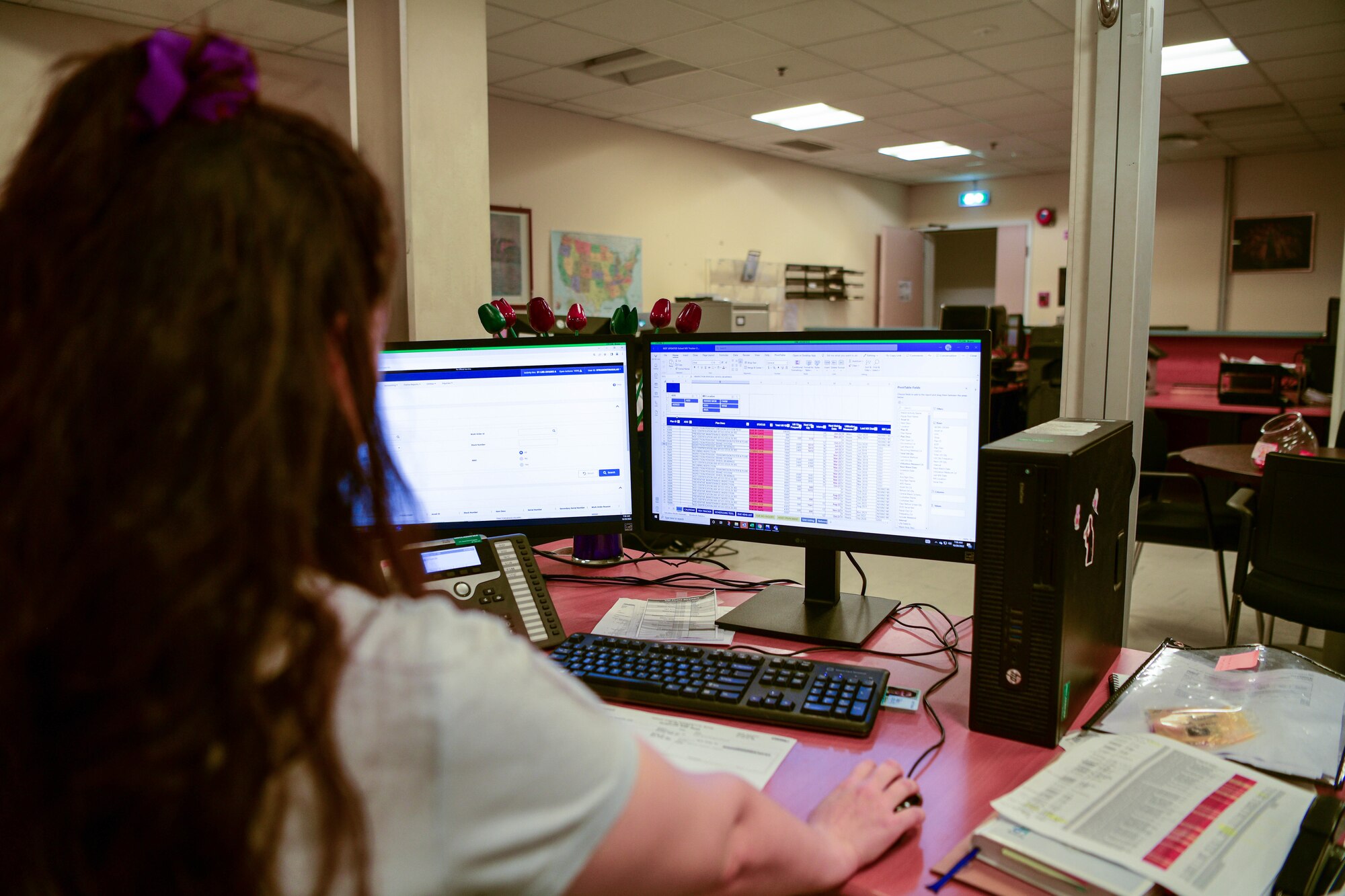 Sabrina Tramontina, 31st Logistics Readiness Squadron Flight Management and Analysis schedule and maintenance technician, inserts data into the defensive property and accountability system (DPAS) at Aviano Air Base, Italy, Oct. 20, 2022. The DPAS system tracks each vehicle’s maintenance cycle, utilization, number of accidents and more. (U.S. Air Force photo by Senior Airman Brooke Moeder)