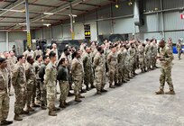 The 21st Theater Sustainment Command commanding general, Maj. Gen. James Smith, praises the Soldiers from Bravo Company, 87th Division Sustainment Support Battalion, 3rd Infantry Division Sustainment Brigade at the 405th Army Field Support Brigade’s Zutendaal Army Prepositioned Stocks-2 worksite in Belgium, Oct. 21. The Soldiers are returning home to Fort Stewart, Georgia, after about eight months in Europe supporting APS-2 operations. (U.S. Army courtesy photo)