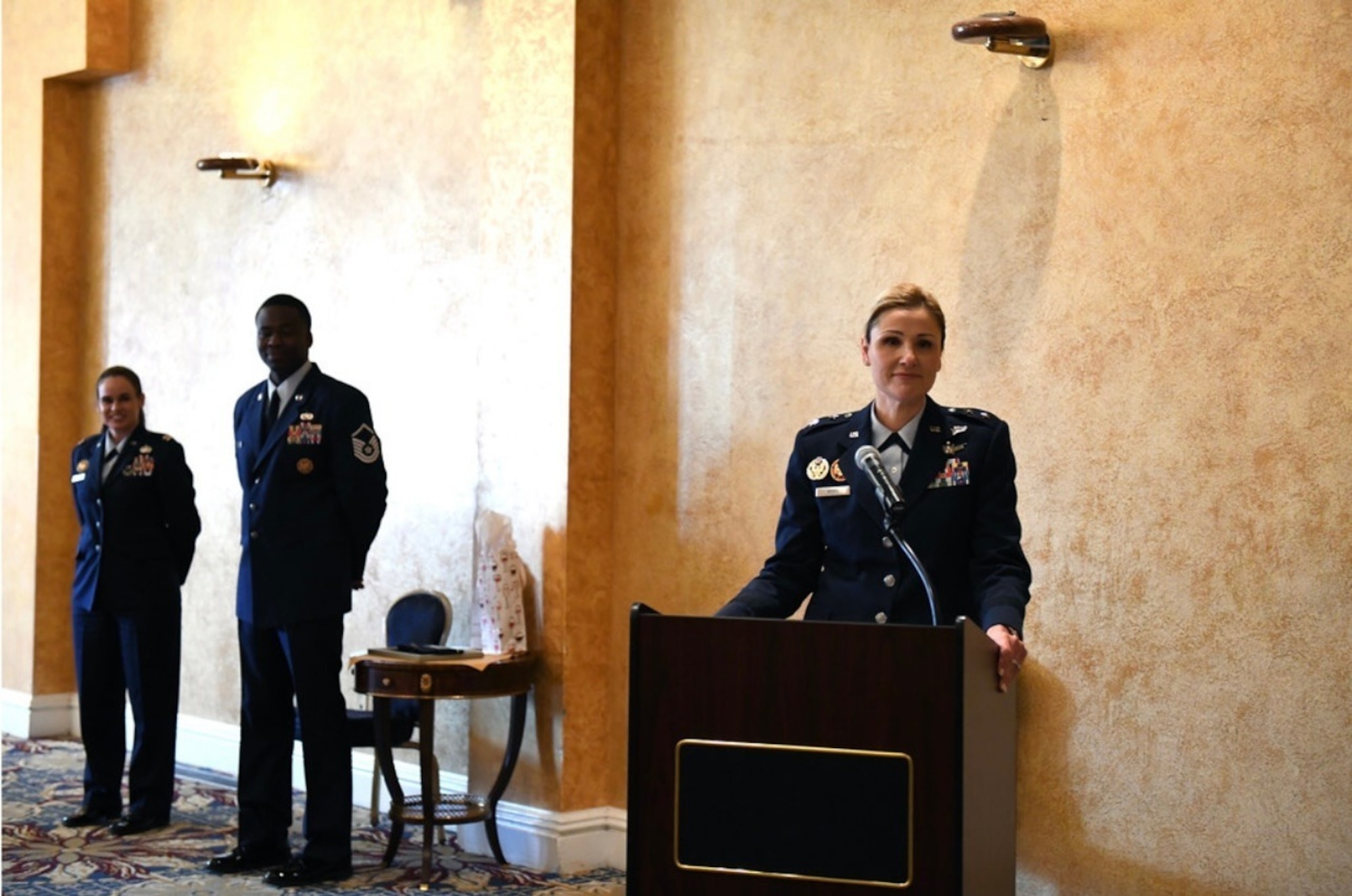 U.S. Air Force Maj. Gen. April D. Vogel speaks during a promotion ceremony at Joint Base Myer-Henderson Hall in Arlington, Virginia, April 8, 2022.