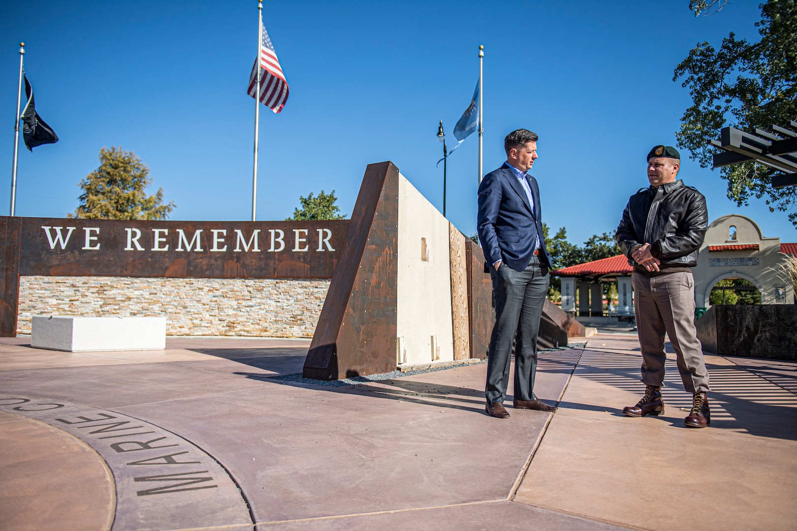 Master Sgt. Earl Plumlee, a Medal of Honor recipient, speaks with Oklahoma City Mayor David Holt about his Oklahoma roots and military experience during a visit to Manuel Perez Park in Oklahoma City, Oct. 19, 2022. Plumlee, a native Oklahoman, toured his home state Oct. 18-22. During his visit he met with Holt at Manuel Perez Park, a park honoring Manuel Perez Jr., a Medal of Honor recipient from Oklahoma City, and other Oklahomans who have received our nation's highest military honor. (Oklahoma National Guard photo by Sgt. Anthony Jones)