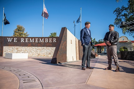 Master Sgt. Earl Plumlee, a Medal of Honor recipient, speaks with Oklahoma City Mayor David Holt about his Oklahoma roots and military experience during a visit to Manuel Perez Park in Oklahoma City, Oct. 19, 2022. Plumlee, a native Oklahoman, toured his home state Oct. 18-22. During his visit he met with Holt at Manuel Perez Park, a park honoring Manuel Perez Jr., a Medal of Honor recipient from Oklahoma City, and other Oklahomans who have received our nation's highest military honor. (Oklahoma National Guard photo by Sgt. Anthony Jones)