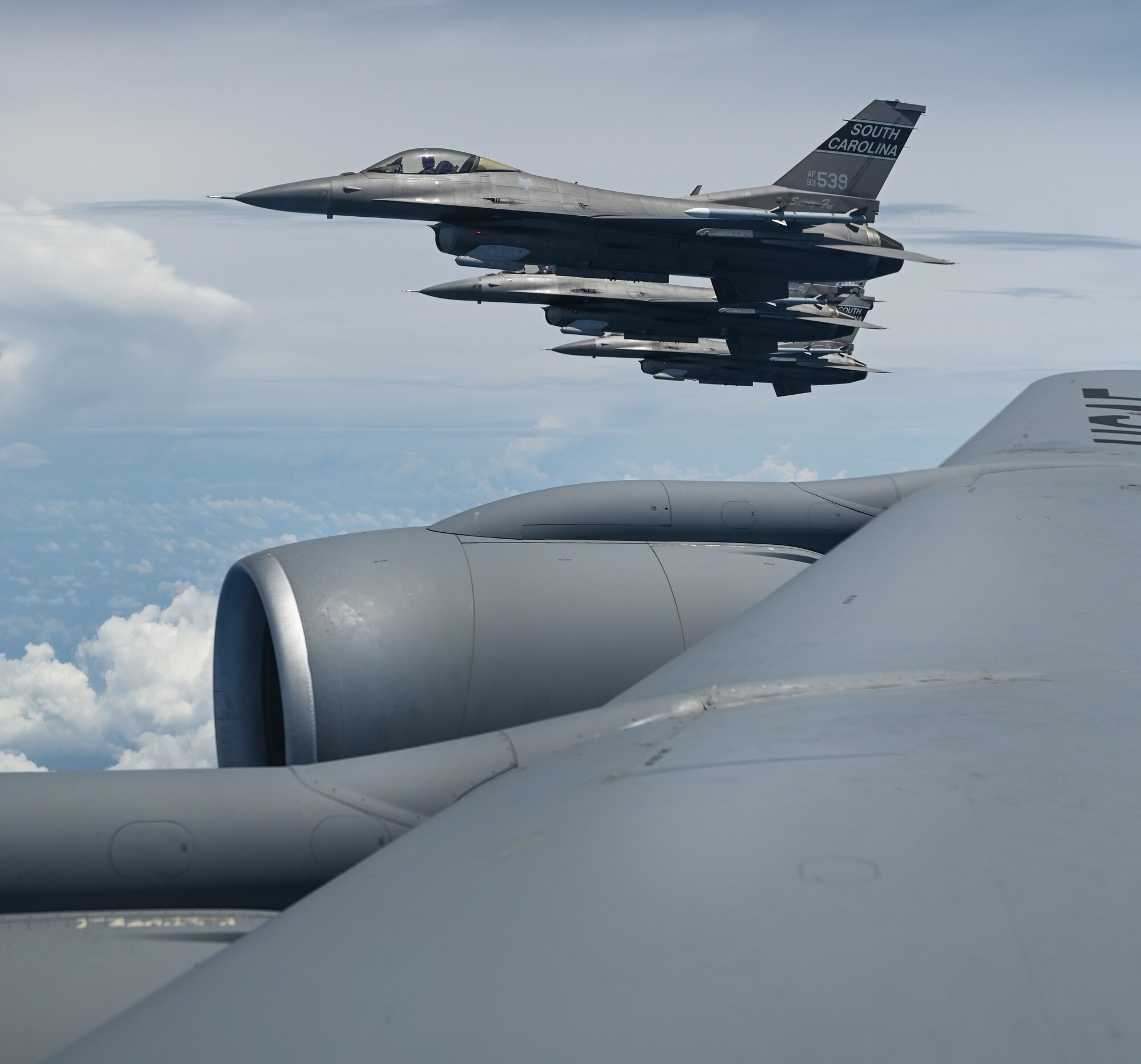 Colombian Air Force KFIRs and the U.S. Air Force F-16 Fighting Falcons from the South Carolina Air National Guard, 157th Fighter Squadron, fly in formation during Relampago VII, an exercise in Barranquilla, Colombia, Aug. 30, 2022. South Carolina is Colombia’s partner in the State Partnership Program.