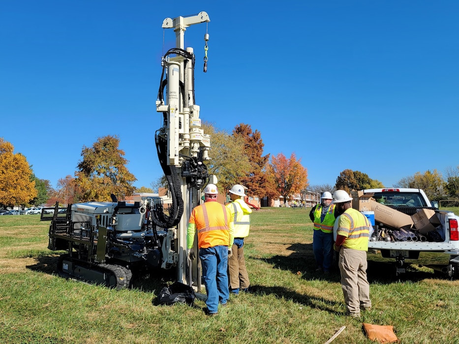 Contractors collect soil samples around Jana Elementary from depths ranging from 16 to 29 feet below ground surface for lab analysis  Oct. 26. (USACE photo by JP Rebello)