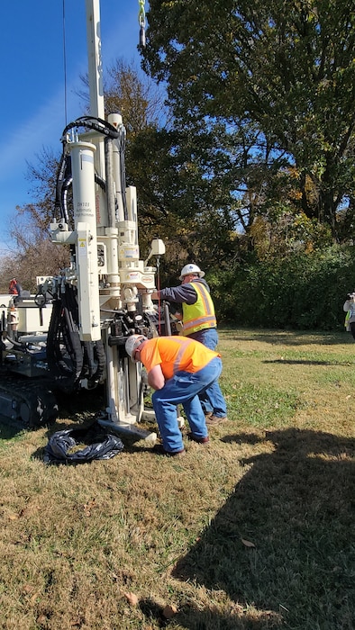 Contractors collect soil samples around Jana Elementary from depths ranging from 16 to 29 feet below ground surface for lab analysis  Oct. 26. (USACE photo by JP Rebello)