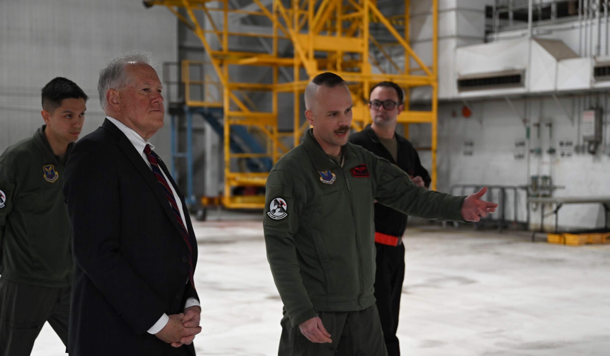 Secretary of the Air Force Frank Kendall is guided through a B-1B Lancer maintenance area by B-1 aircrew and maintenance personnel assigned to the 28th Bomb Wing at Ellsworth Air Force Base, S.D., Oct. 27, 2022. Carrying the largest conventional payload of both guided and unguided weapons in the Air Force inventory, the multi-mission B-1 is the backbone of America's long-range bomber force. (U.S. Air Force photo by Airman Yendi Borjas)