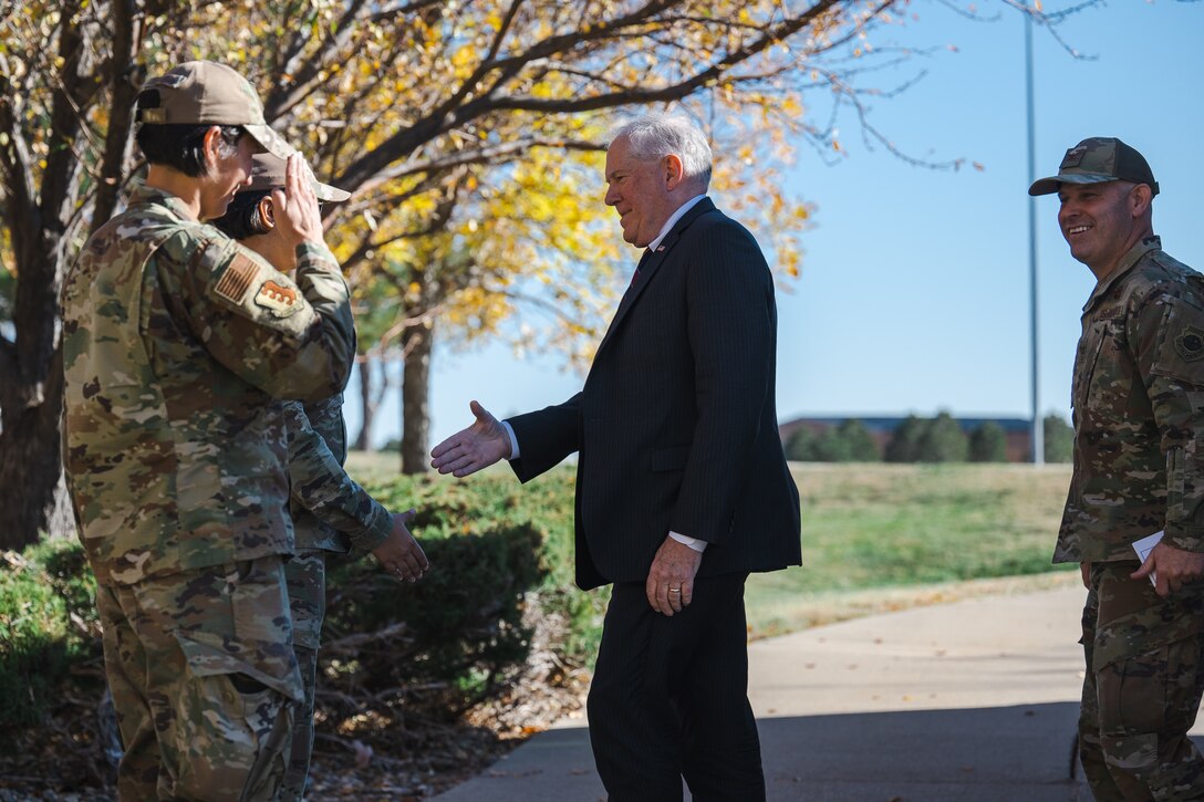 Secretary of the Air Force Frank Kendall is greeted by members of the 28th Bomb Wing at Ellsworth Air Force Base, S.D., Oct. 27, 2022. Kendall’s visit consisted of learning about the 28th BW mission and B-1B Lancer’s superior deterrence capabilities. (U.S. Air Force photo by Senior Airman Austin McIntosh)