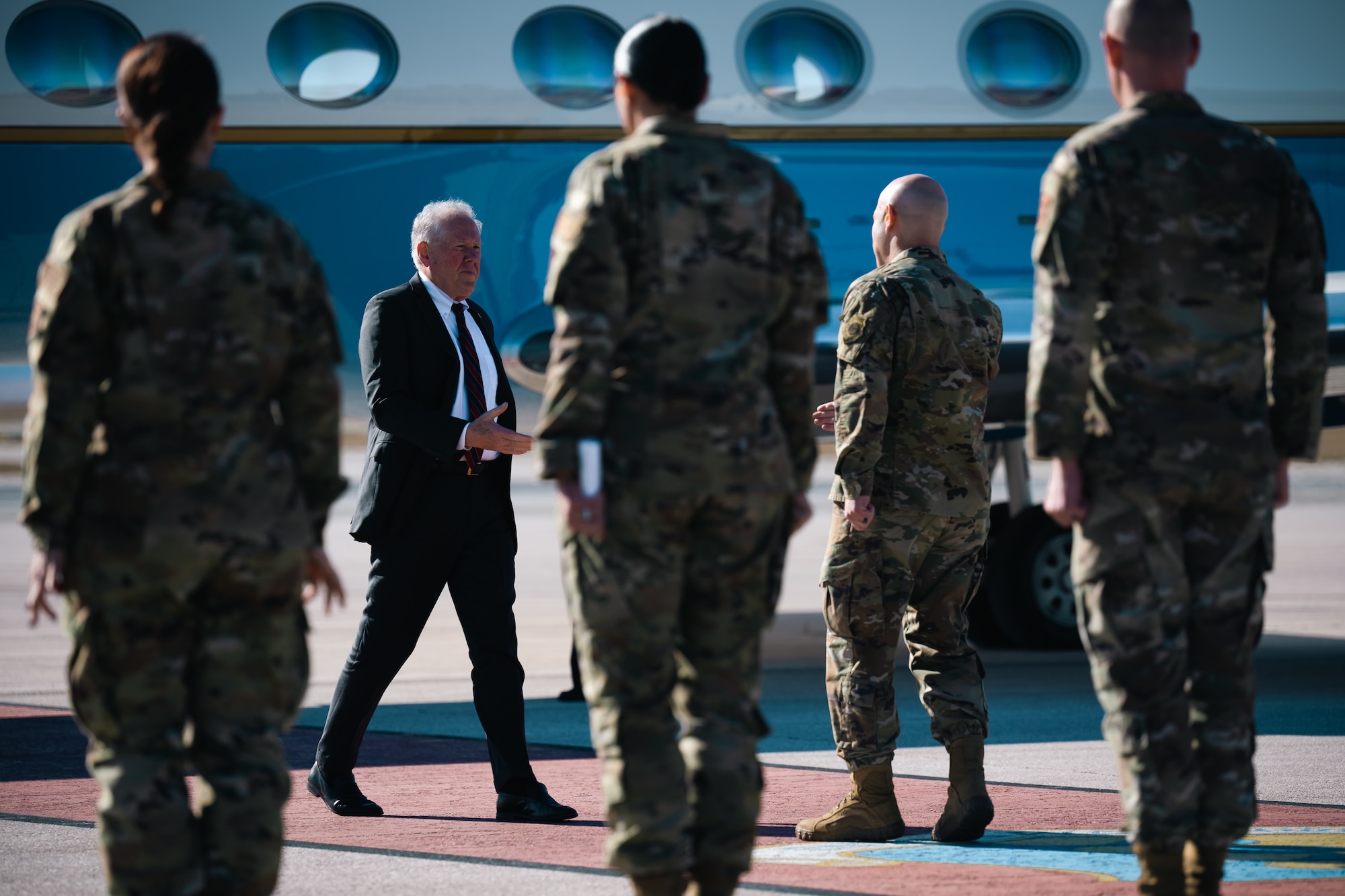 Secretary of the Air Force Frank Kendall is greeted by Col. Joseph Sheffield, 28th Bomb Wing commander, at Ellsworth Air Force Base, S.D., October 27, 2022. Every Airman in the 28th BW, whether sustaining people, maintaining weapons and equipment, generating aircraft, pulling a trigger, or operating a network, provides combat power for the nation, anywhere in the world, at any time. (U.S. Air Force photo by Senior Airman Austin McIntosh)