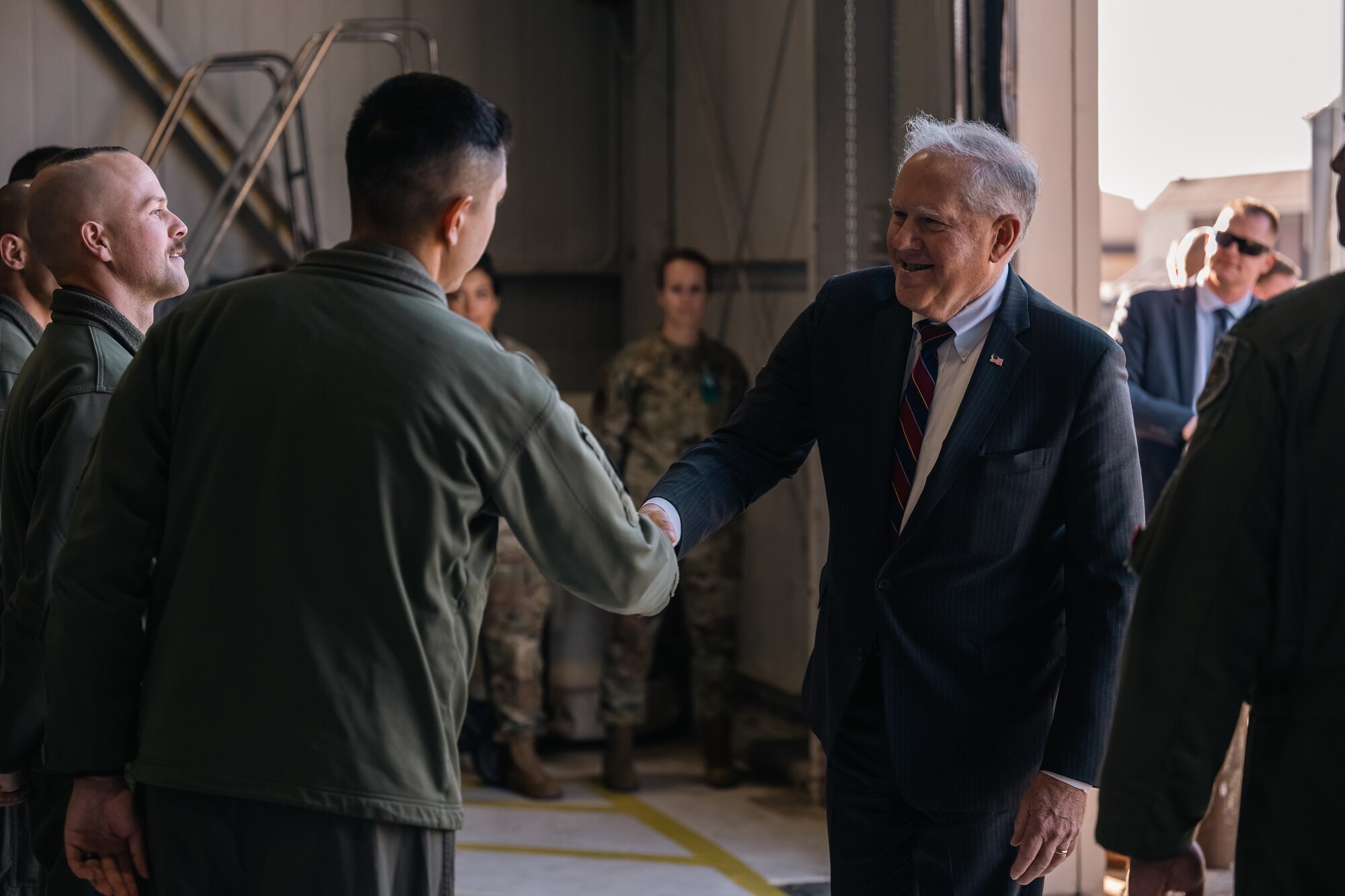 Secretary of the Air Force Frank Kendall is greeted by B-1B Lancer aircrew assigned to the 34th Bomb Squadron at Ellsworth Air Force Base, S.D., Oct. 27, 2022. Carrying the largest conventional payload of both guided and unguided weapons in the Air Force inventory, the multi-mission B-1 is the backbone of America's long-range bomber force. (U.S. Air Force photo by Senior Airman Austin McIntosh)