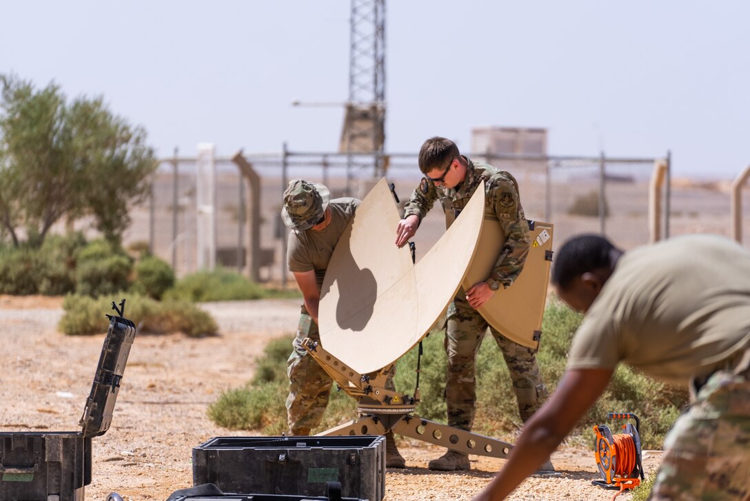 U.S. Airmen construct a Communications Fly-away Kit