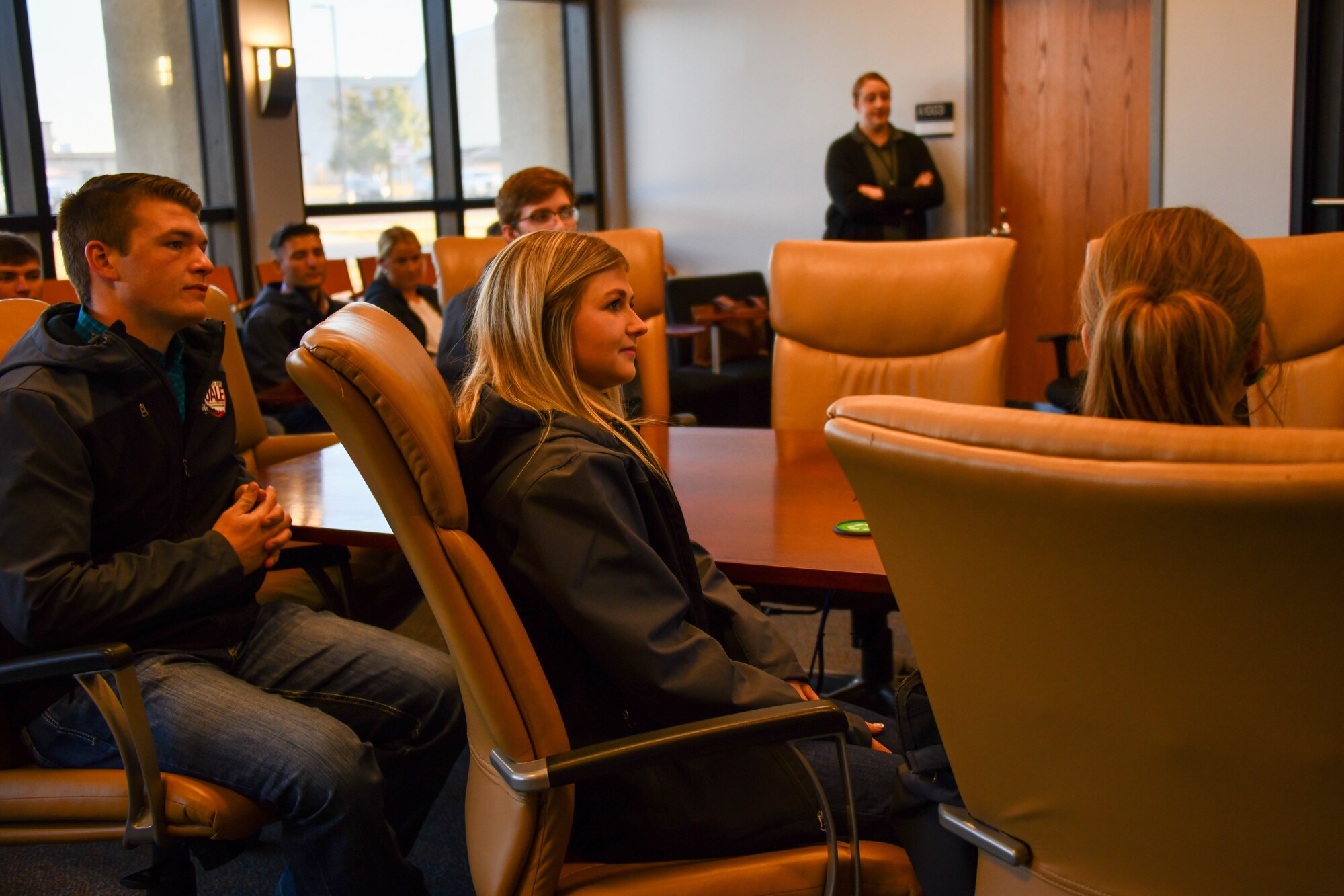 Students from Oklahoma State University’s Agricultural Leadership Experience listen to a brief on leadership at Altus Air Force Base, Oklahoma, Oct. 25, 2022. 97th Civil Engineer Squadron leaders encouraged the students to come back to Altus and put their leadership experience to use in positions with the Department of Defense. (U.S. Air Force photo by Airman 1st Class Kari Degraffenreed)