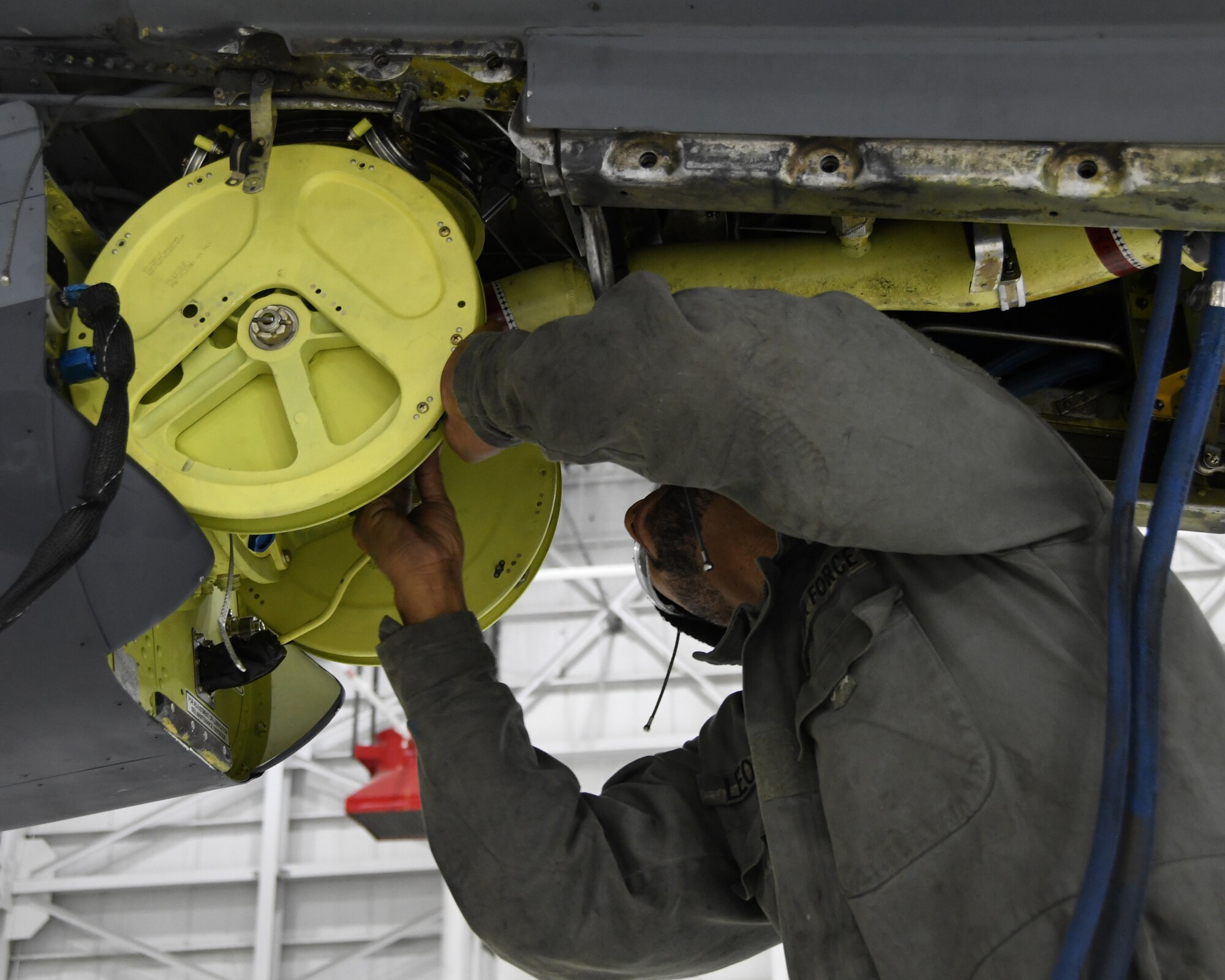 Maintainers with the 459th Maintenance Squadron install a new boom in one of its KC-135 Stratotanker aircraft. The members of the squadron continuously maintain, update and upgrade the aircraft and its features to ensure this weapons system is always ready to answer the Nation's call.