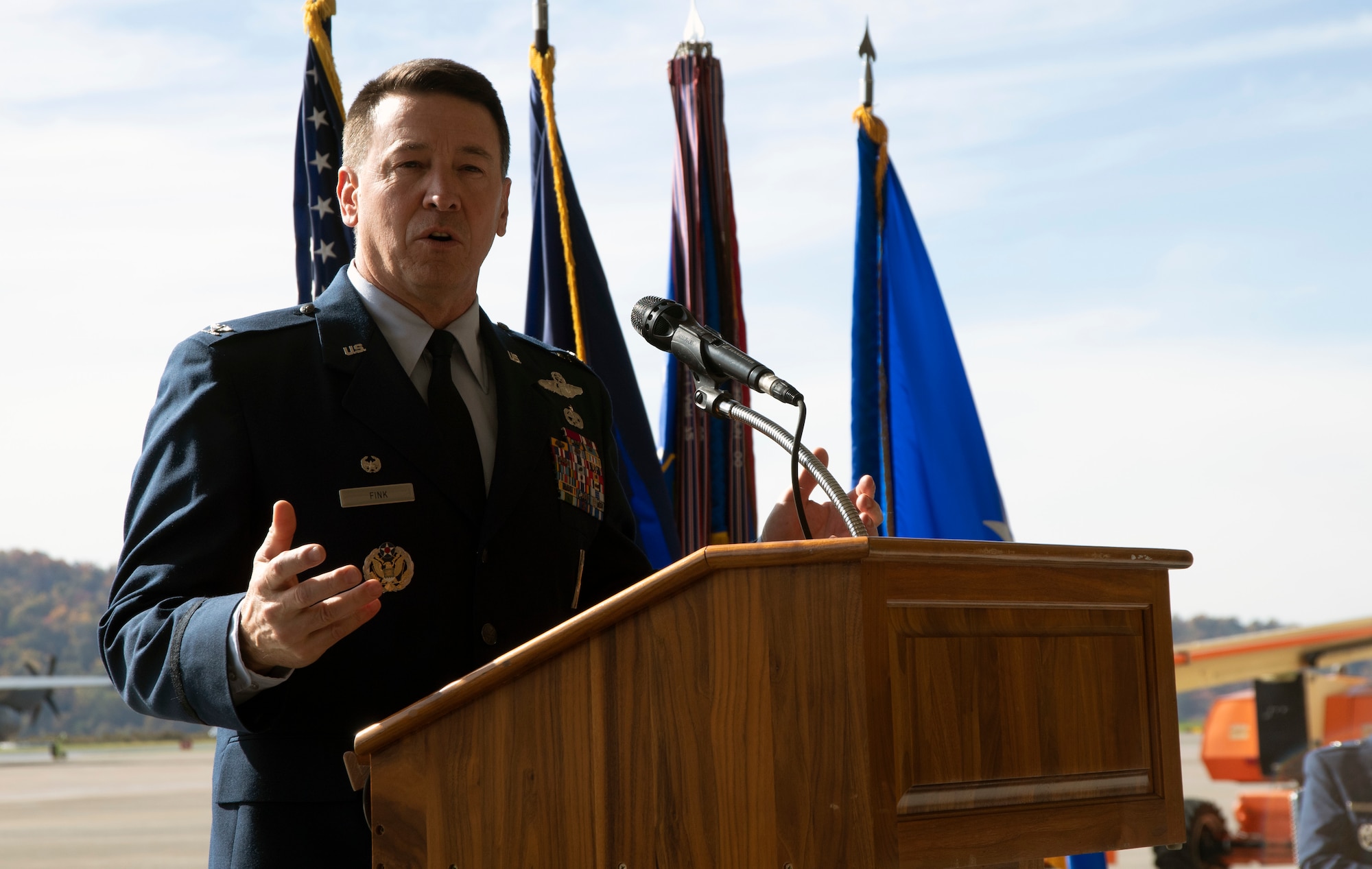 Col. Edward Fink Jr., 193rd Special Operations Wing commander, delivers remarks to attendees during a 193 SOW assumption of command ceremony Oct. 28, 2022, Middletown, Pennsylvania.
