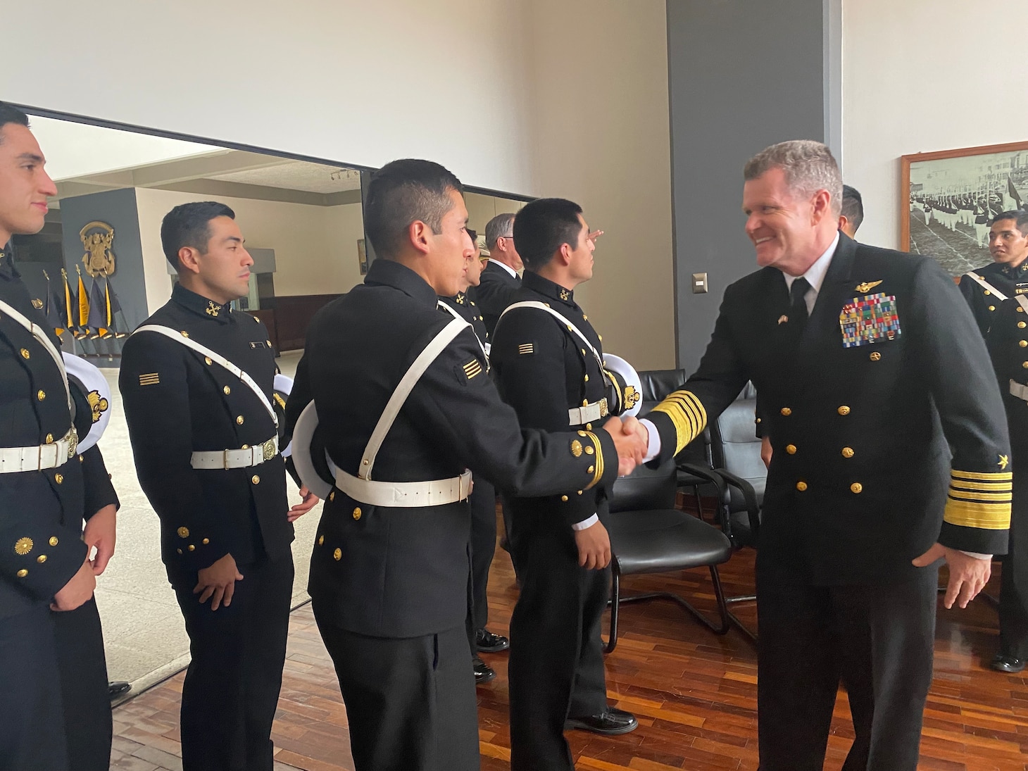 Adm. Samuel Paparo meets with midshipmen at the Peruvian Naval Academy.