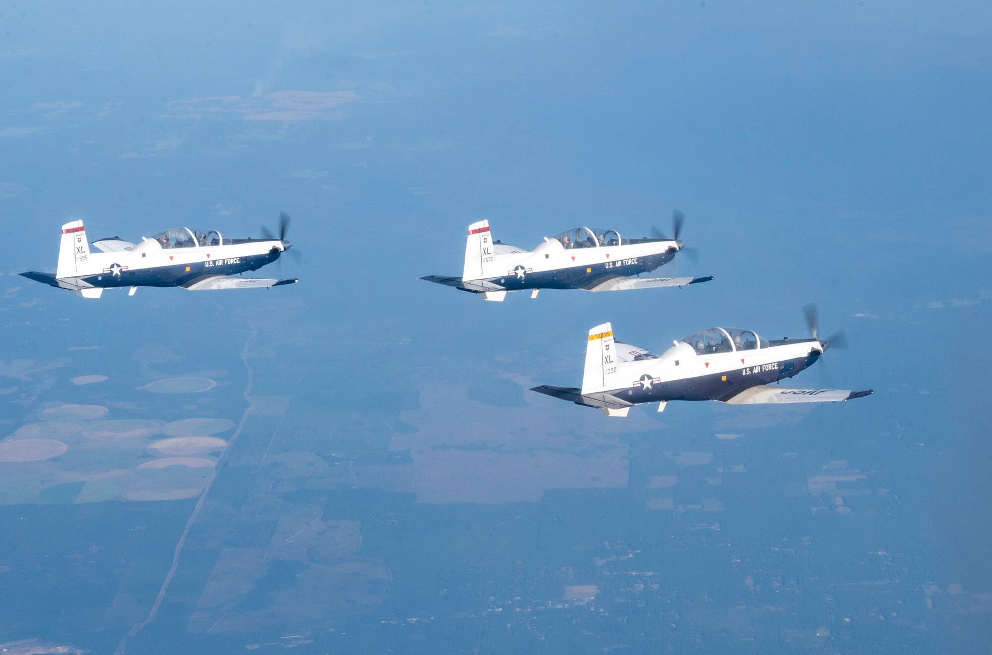 A flight of T-6 Texan II's fly from Laughlin Air Force Base, Texas, to MacDill Air Force Base, Florida, as part of Ambush Florida on Oct. 13, 2022. Ambush Florida is a mission where pilots from the 85th Flying Training Squadron fly to a different region of the U.S. and "ambush" other bases helping pilots gain experience in long distance flights. (U.S. Air Force photo by Senior Airman Nicholas Larsen.)