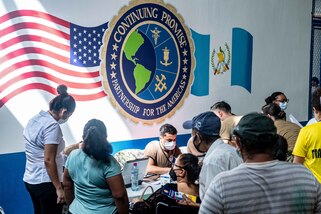 221027-N-LP924-1004 PUERTO BARRIOS, Guatemala (Oct. 27, 2022) Sailors attached to the hospital ship USNS Comfort (T-AH 20) check in patients at a medical site in Puerto Barrios, Guatemala, Oct. 27, 2022. Comfort is deployed to U.S. 4th Fleet in support of Continuing Promise 2022, a humanitarian assistance and goodwill mission conducting direct medical care, expeditionary veterinary care, and subject matter expert exchanges with five partner nations in the Caribbean, Central and South America. (U.S. Navy photo by Mass Communication Specialist 3rd Class Sophia Simons)
