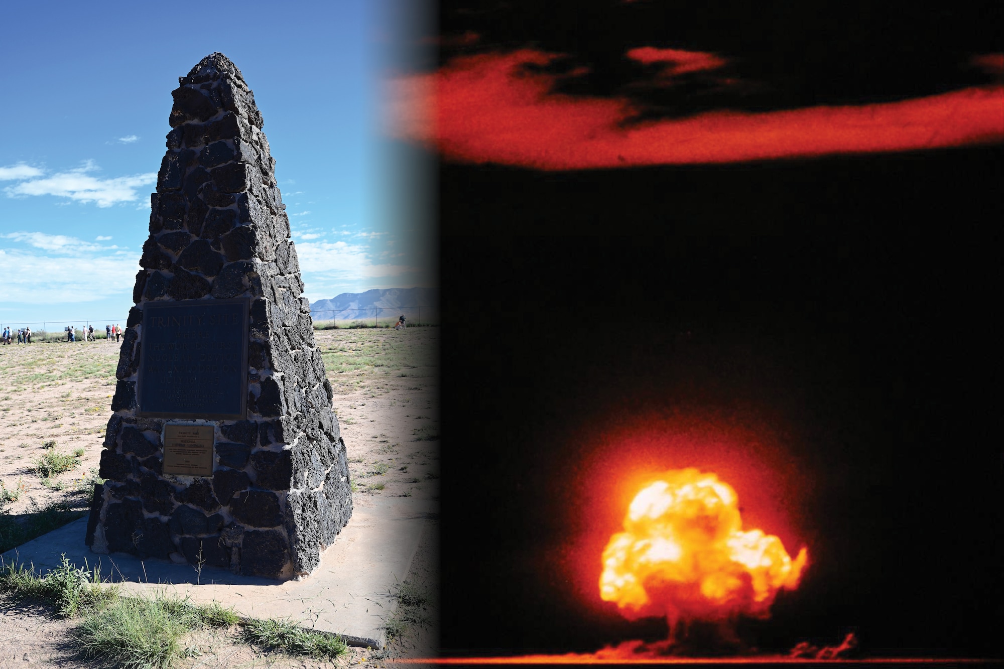 graphic incorporating the obelisk at the trinity site as well as a photo of the bomb moments after it detonated