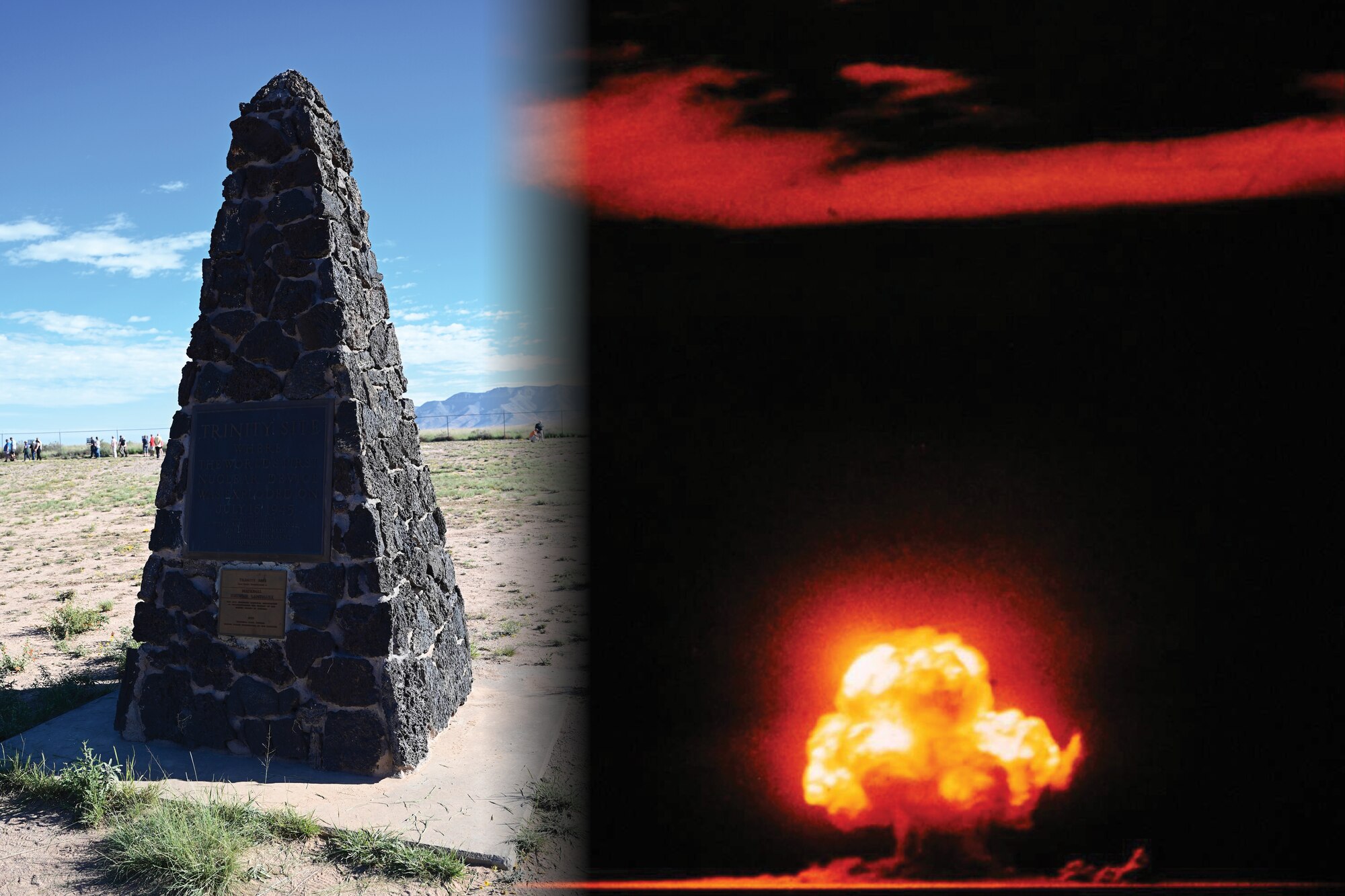 graphic incorporating the obelisk at the trinity site as well as a photo of the bomb moments after it detonated