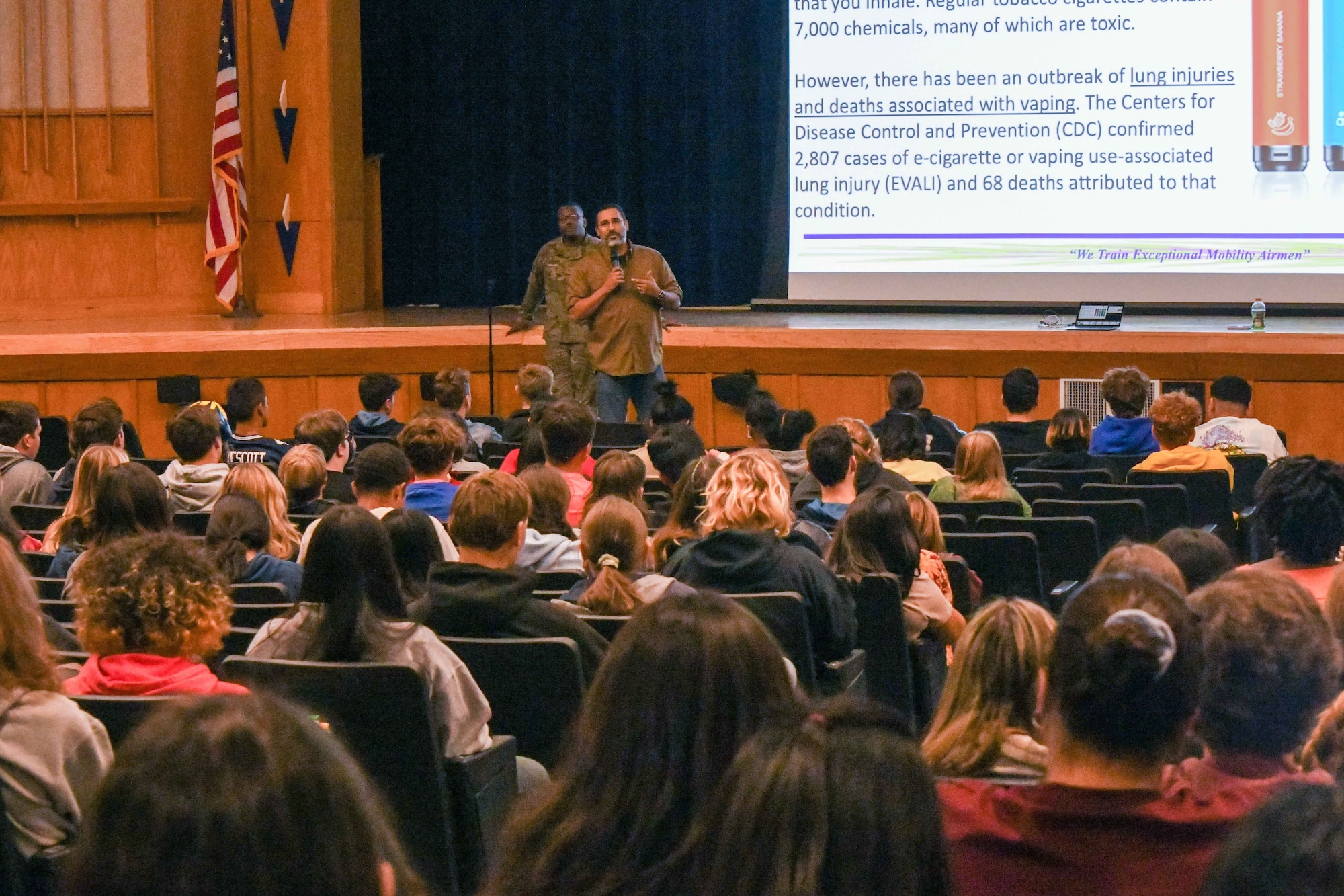 Rafael Chapa, 97th Air Mobility Wing drug demand reduction program manager, speaks to students during a Red Ribbon Week presentation at Altus High School, Oklahoma, Oct. 26, 2022. Chappa spoke about the dangers of vaping, marijuana and edibles, how they’re marketed to the youth and the long term effects they can cause. (U.S. Air Force photo by Airman 1st Class Miyah Gray)