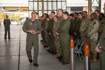 Vice Adm. Kenneth Whitesell, Commander, U.S. Naval Air Forces, addresses Sailors assigned to the “Titans” of Fleet Multi-Mission Squadron (VRM) 30, during an award ceremony held aboard Naval Air Station North Island, Oct. 20, 2022.