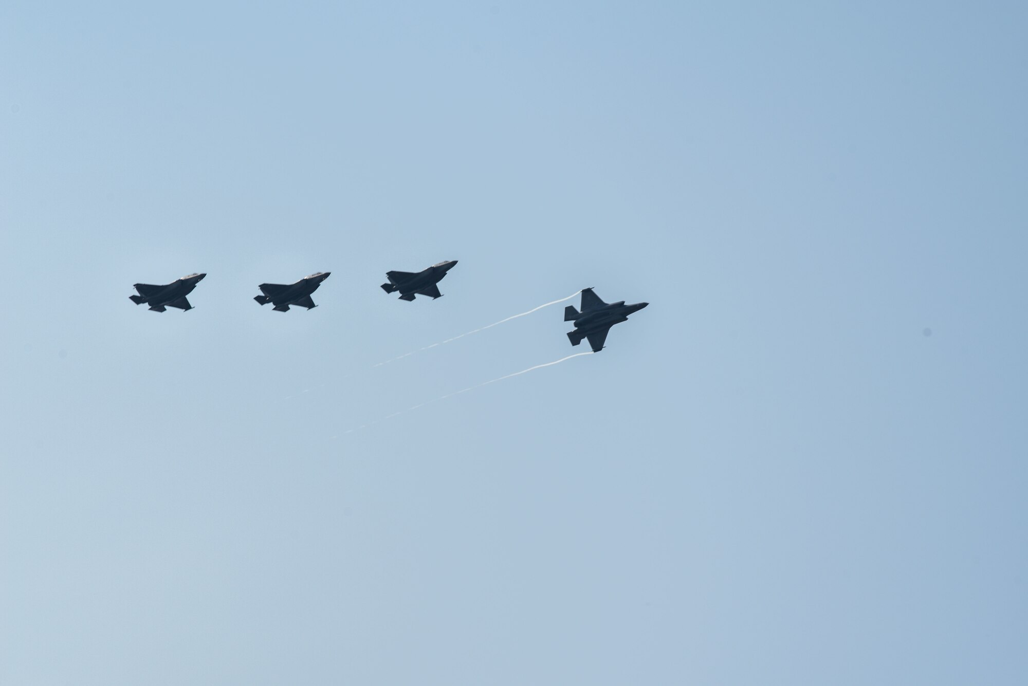 Four U.S. Marine Corps F-35B Lightning II aircraft from the Marine Fighter Attack Squadron (VMFA) 242 prepare to land on the flightline at Kunsan Air Base, Republic of Korea, Oct. 31, 2022. The aircraft traveled to Kunsan as a part of the Pacific Air Forces command sponsored VIGILANT STORM 23 training event. VIGILANT STORM is a regularly scheduled training designed to enhance the combat readiness and survivability of U.S. and ROK forces and sustain capabilities, further strengthening the ROK-U.S. Alliance. (U.S. Air Force photo by Tech. Sgt. Timothy Dischinat)