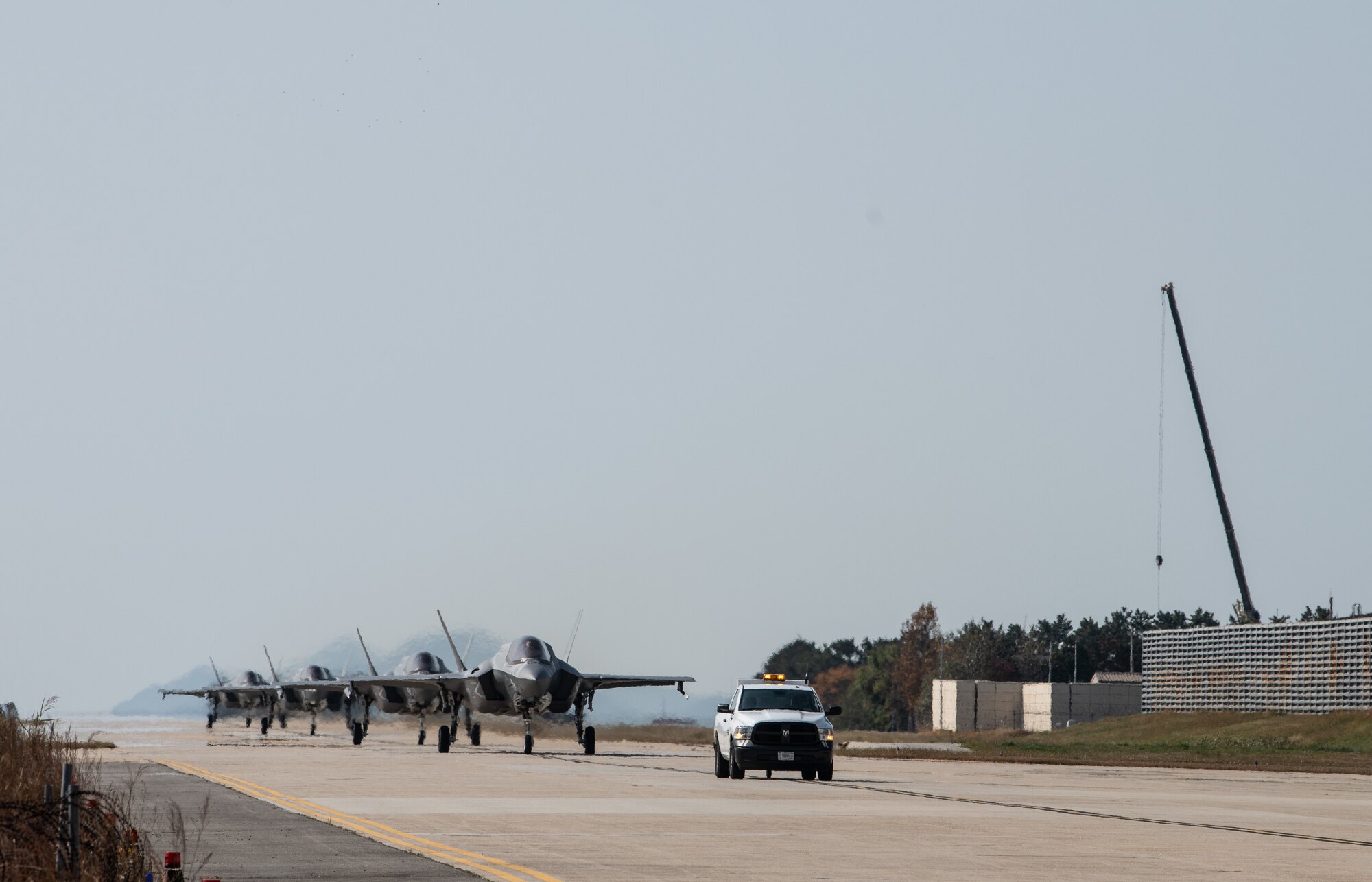 U.S. Marine Corps F-35 Lightning IIs from Marine Fighter Attack Squadron (VMFA) 242, out of Iwakuni, Japan, taxi at Kunsan Air Base, Republic of Korea, Oct. 31, 2022. The aircraft traveled to Kunsan as a part of the Pacific Air Forces command sponsored VIGILANT STORM 23 training event. VIGILANT STORM is a regularly scheduled training designed to enhance the combat readiness and survivability of U.S. and ROK forces and sustain capabilities, further strengthening the ROK U.S. Alliance. (U.S. Air Force photo by Staff Sgt. Sadie Colbert)