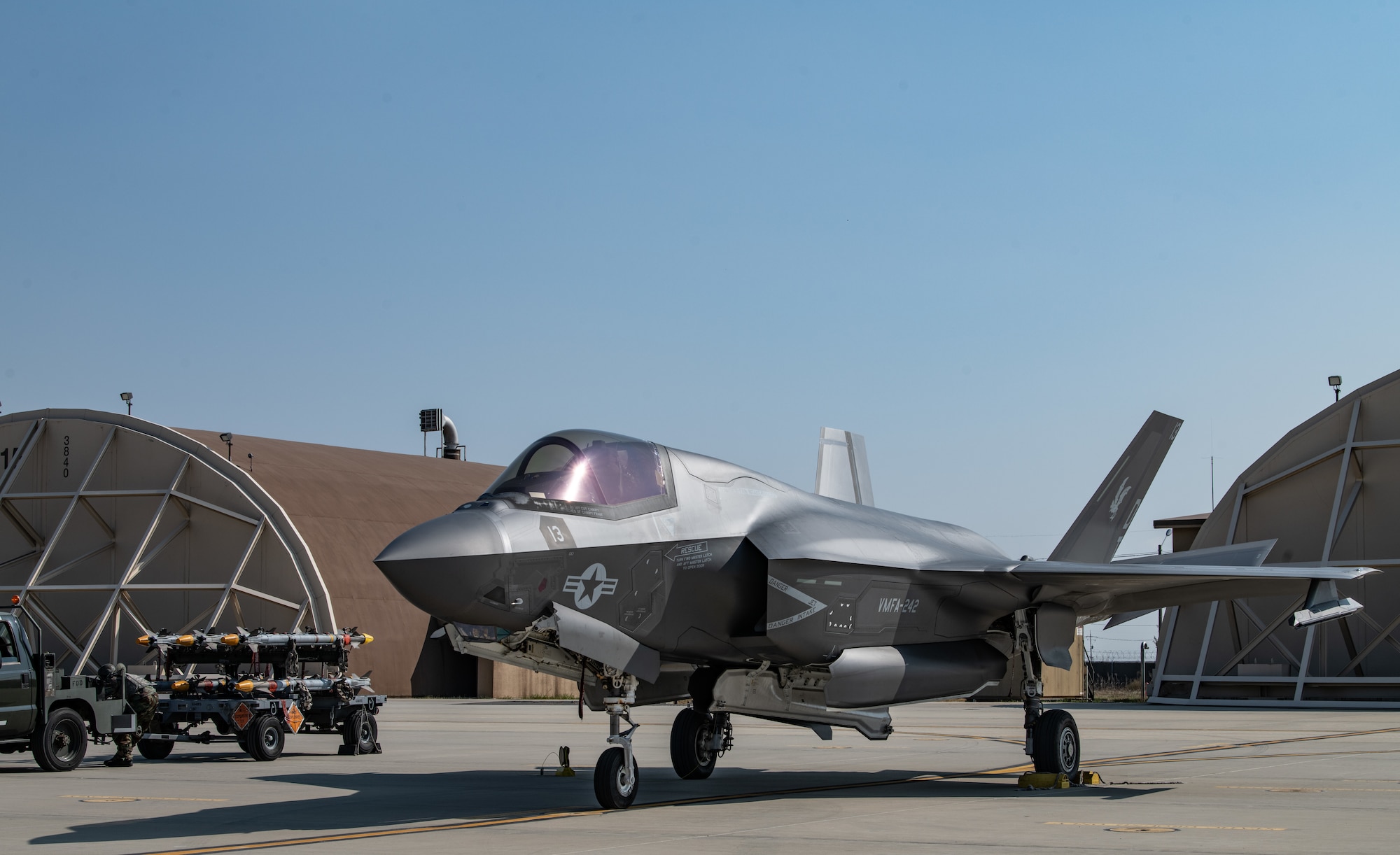 A U.S. Marine Corps F-35 Lightning II from Marine Fighter Attack Squadron (VMFA) 242, out of Iwakuni, Japan, parks at Kunsan Air Base, Republic of Korea, Oct 31, 2022. The aircraft traveled to Kunsan as a part of the Pacific Air Forces command sponsored VIGILANT STORM 23 training event. VIGILANT STORM integrates U.S. and ROK forces to train on mutual support procedures and maximizes command and control capabilities that improves understanding and trust between the two nations. (U.S. Air Force photo by Staff Sgt. Sadie Colbert)
