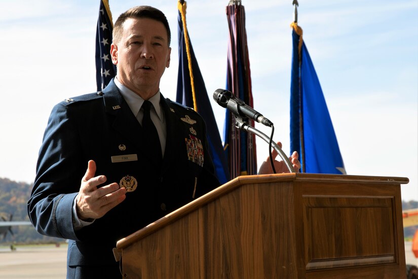 Col. Edward Fink Jr., 193rd Special Operations Wing commander, delivers remarks to attendees during a 193 SOW assumption of command ceremony Oct. 28, 2022, Middletown, Pennsylvania. In his first address as commander, Fink laid out his top priorities of mission, people and relationships.