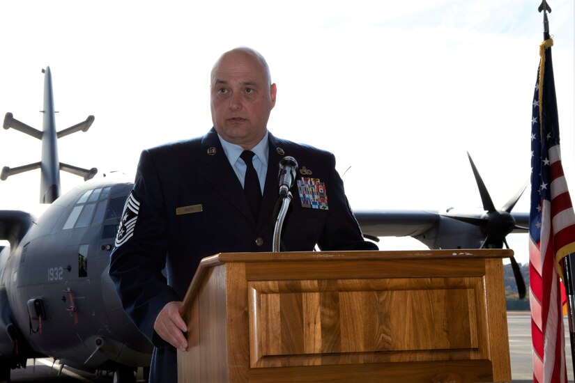 Chief Master Sgt. Robert Smith, 193rd Special Operations Wing command chief, delivers remarks to attendees during an assumption of responsibilities ceremony Oct. 28, 2022, Middletown, Pennsylvania. In his first address as command chief, Smith said that developing the next generation of leaders and war fighters is one of his top priorities.