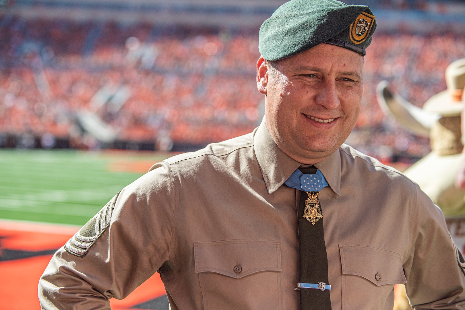 Master Sgt. Earl Plumlee, a Medal of Honor recipient, takes part in pregame activities at the Oklahoma State University homecoming football game in Stillwater, Oklahoma, Oct. 22, 2022. Plumlee, a native Oklahoman, is a former Oklahoma National Guard Soldier.