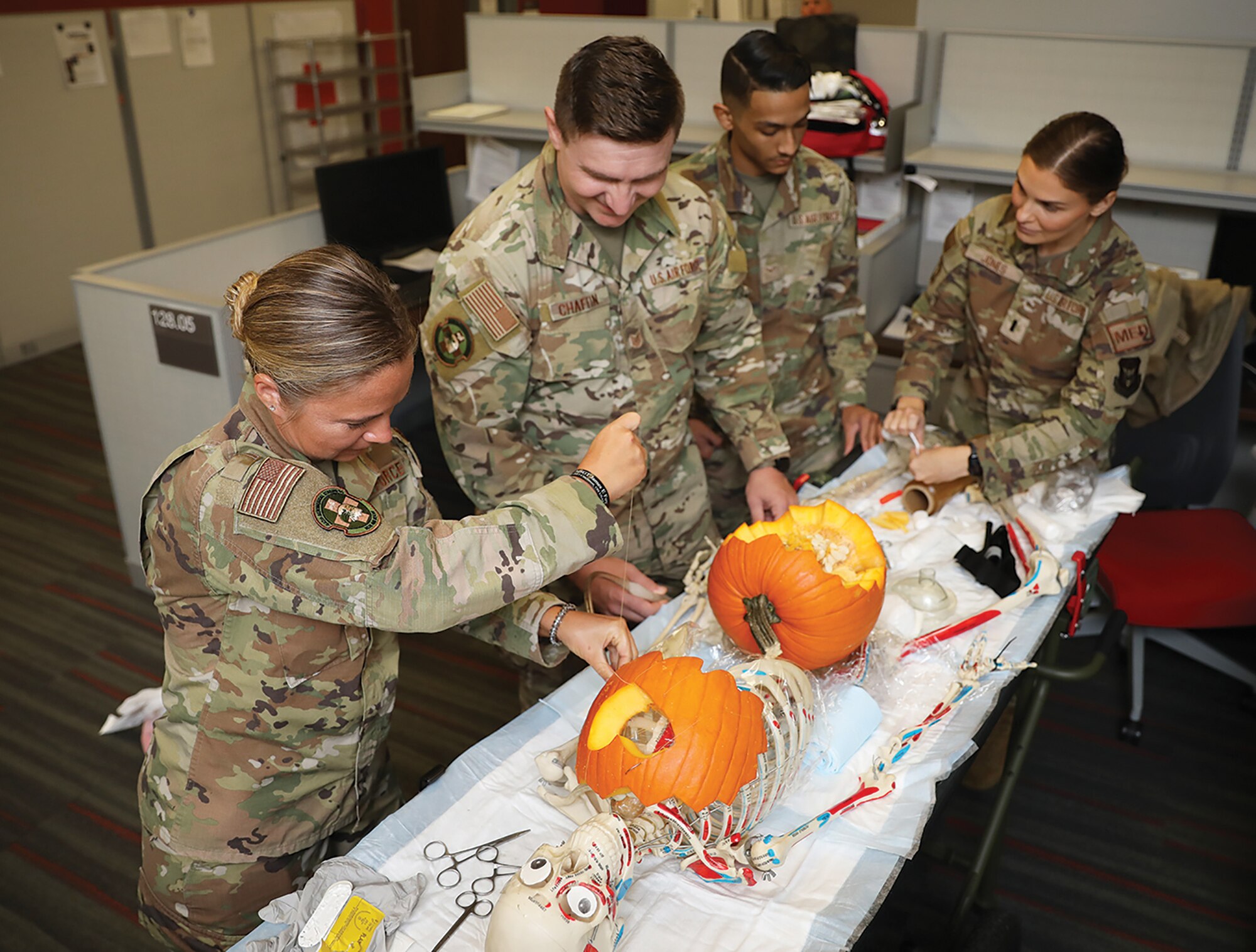Reserve Citizen Airmen from the 445th Aerospace Medicine Squadron and 445th Aeromedical Staging Squadron competed against each other in a pumpkin carving contest Oct. 2, 2022. The first place pumpkin belonged to First Lt. Amanda Jones, 445th ASTS nurse and Master Sgt. Melissa Dellibovi, 445th ASTS medical technician.