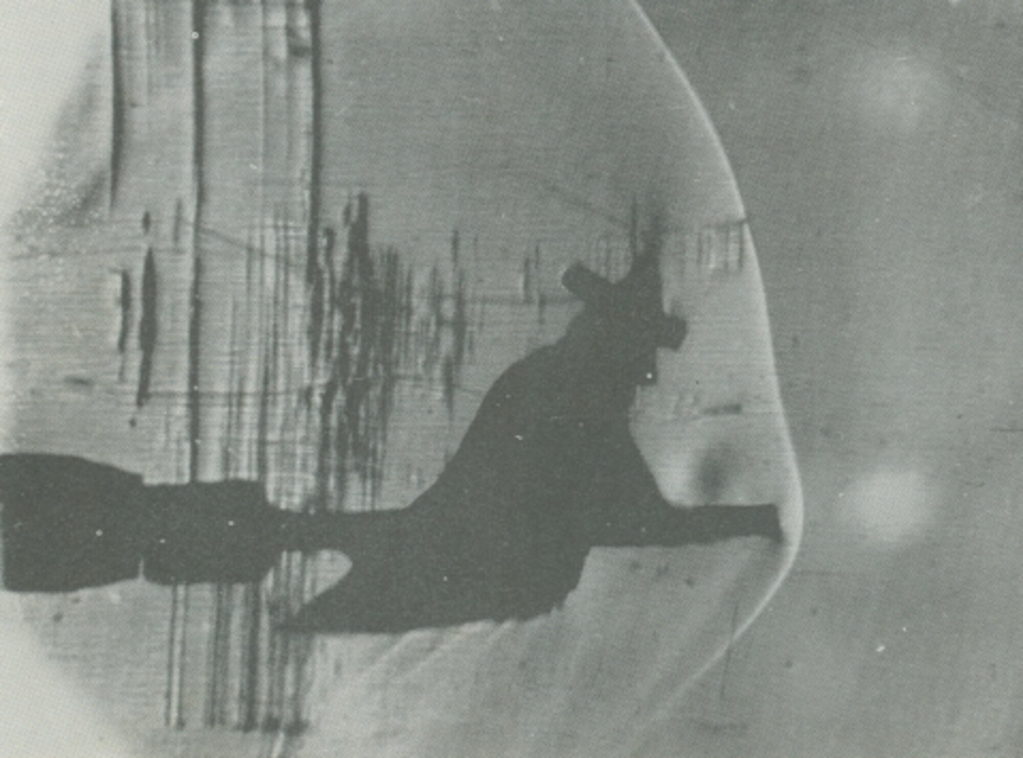 A Schlieren image captured in the 1960s of a small model of a witch riding a broomstick in the Mach 2 blowdown wind tunnel at Mississippi State University. (Courtesy photo)
