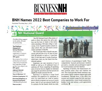 New Hampshire National Guard was rated as a top state employer by Business NH magazine for 2022.