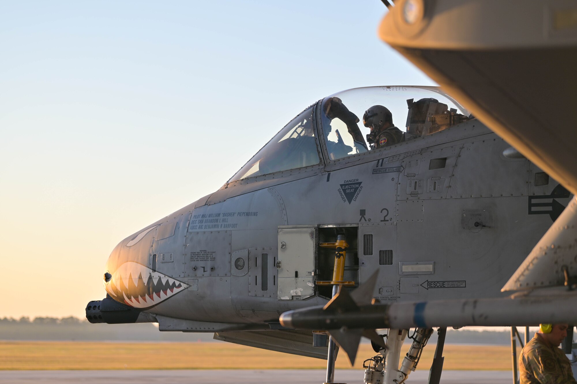 U.S. Air Force Capt. Matthew Dorsey, 74th Fighter Squadron A-10C Thunderbolt II pilot, taxis an A-10C Thunderbolt II down the flightline at Moody Air Force Base, Georgia, Oct. 16, 2022.The 23rd Wing deployed A-10C Thunderbolt II aircraft and support personnel to Andersen Air Force Base, Guam for a routine Dynamic Force Employment Operation. (U.S. Air Force photo by Senior Airman Rebeckah Medeiros)