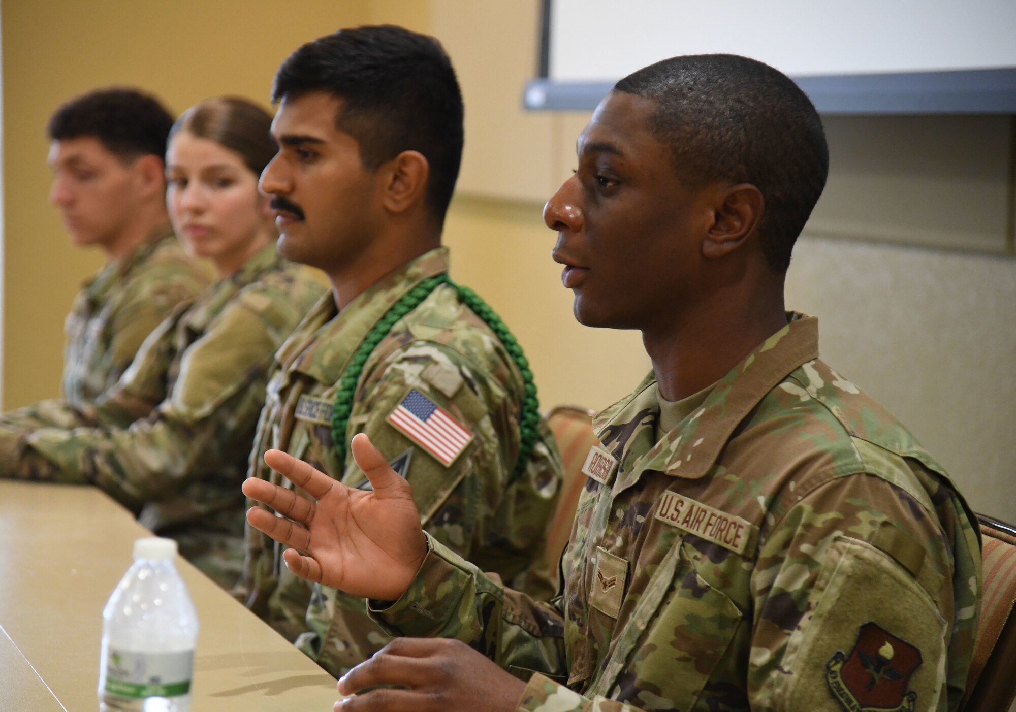U.S. Air Force Airman 1st Class Kennedy Roberson, 336th Training Squadron student, participates in an Airmen in Training panel discussion during the Second Air Force Technical Training-101 Seminar inside the Bay Breeze Event Center at Keesler Air Force Base, Mississippi, Oct. 25, 2022.