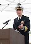 NAVAL BASE KITSAP – BANGOR, Wash. (Oct. 19, 2022) Capt. Gary Montalvo, commodore, Submarine Development Squadron 5, speaks during a ribbon cutting ceremony for a newly-completed service pier located on Naval Base Kitsap – Bangor, October 19, 2022. The ceremony marked the completion of a major infrastructure project that will support the arrival of fast attack submarines, including the planned change of homeport for the Seawolf-class fast-attack submarines USS Seawolf (SSN 21) and USS Connecticut (SSN 22) from Naval Station Kitsap-Bremerton to Naval Base Kitsap-Bangor. (U.S. Navy photo by Mass Communication Specialist 1st Class Brian G. Reynolds)