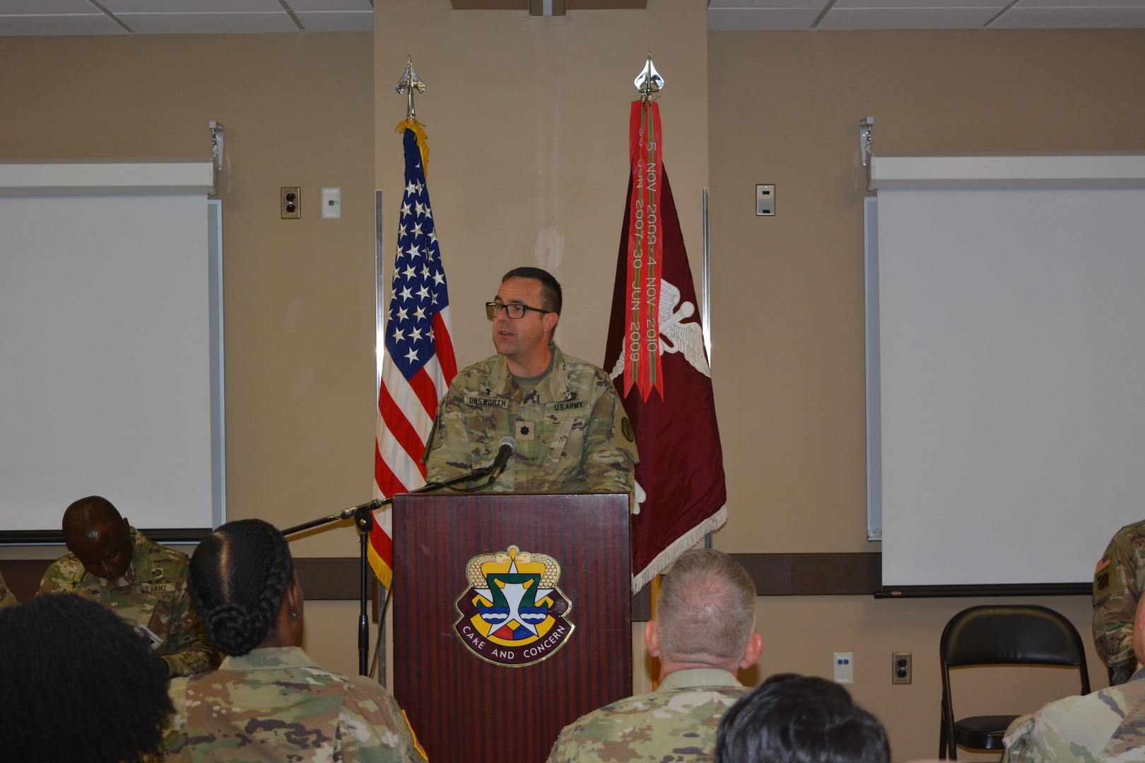 Lt. Col. Jason Unsworth, CRDAMC chaplain, welcomes the audience of Soldiers, family members and civilians to Carl R. Darnall Army Medical Center’s annual prayer breakfast Oct. 26. (U.S. Army photo by Rodney Jackson, CRDAMC PAO)