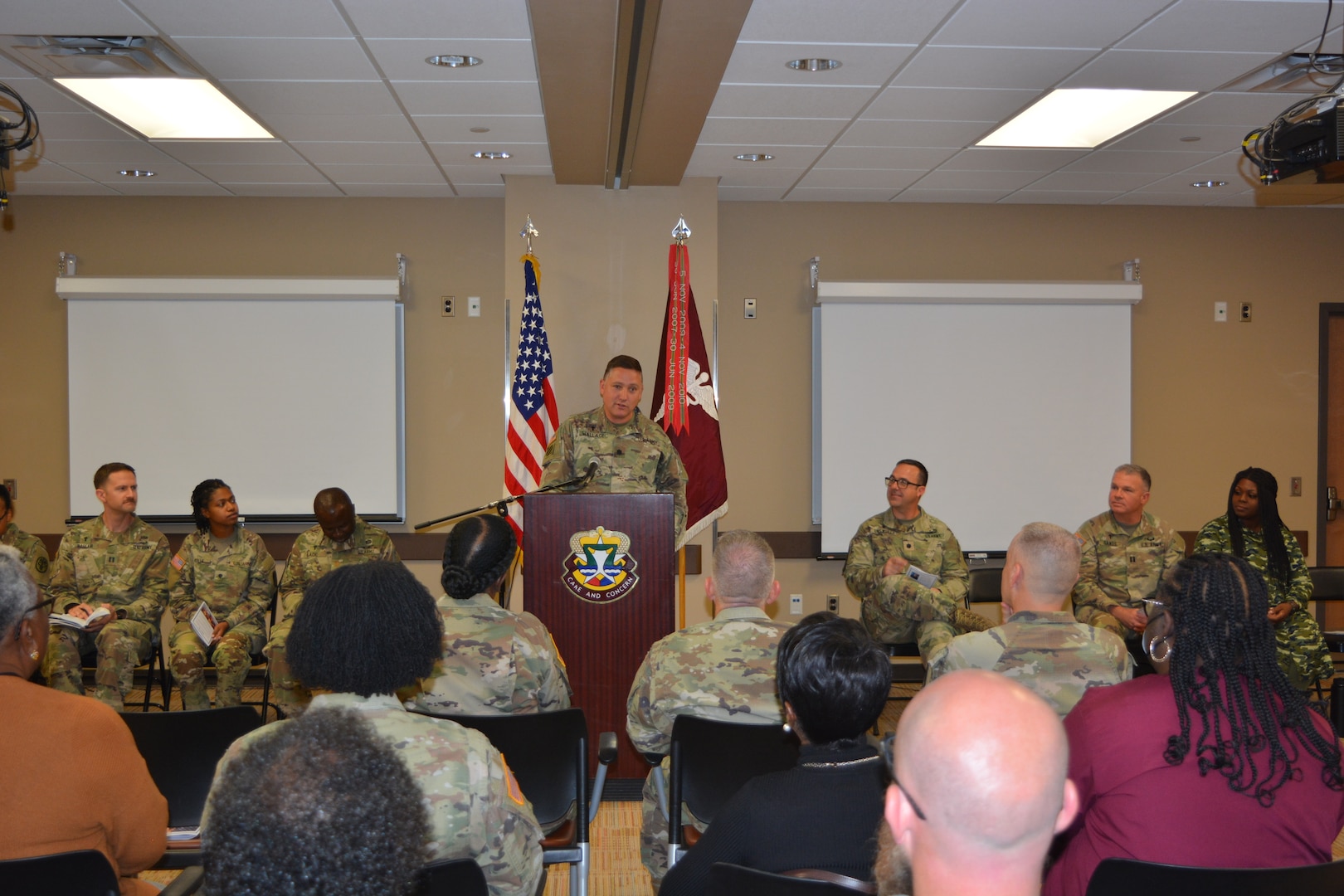Lt. Col. Chris Wallace, III Corps deputy command chaplain, addresses the audience during the Carl R. Darnall Army Medical Center’s annual prayer breakfast. (U.S. Army photo by Rodney Jackson, CRDAMC PAO)