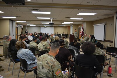 Lt. Col. Chris Wallace, III Corps deputy command chaplain, addresses the audience during Carl R. Darnall Army Medical Center’s annual prayer breakfast. (U.S. Army photo by Rodney Jackson, CRDAMC PAO)