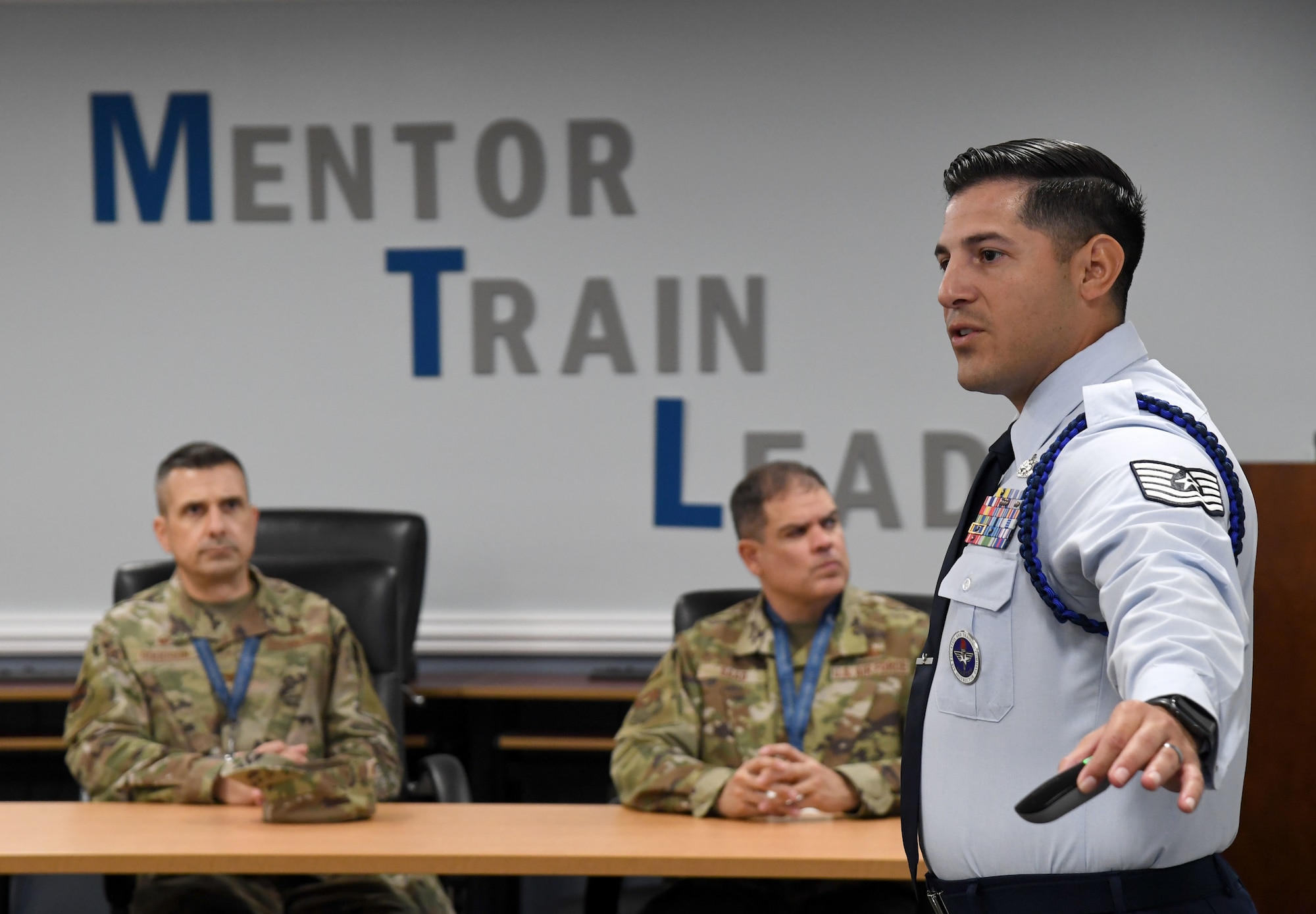 U.S. Air Force Tech. Sgt. Nicholas Holguin, 81st Training Support Squadron military training leader, briefs on the military training leader school training techniques during the Second Air Force Technical Training-101 Seminar inside Lott Hall at Keesler Air Force Base, Mississippi, Oct. 27, 2022.