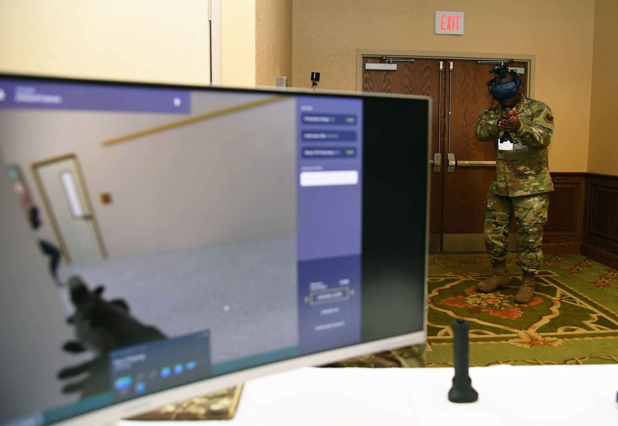 U.S. Air Force Chief Master Sgt. Adegboyega Adeyemo, 366th Training Squadron senior enlisted leader, Sheppard Air Force Base, Texas, participates in an 81st Security Forces Squadron virtual reality demonstration during the innovation expo during the Second Air Force Technical Training-101 Seminar inside the Bay Breeze Event Center at Keesler Air Force Base, Mississippi, Oct. 25, 2022.