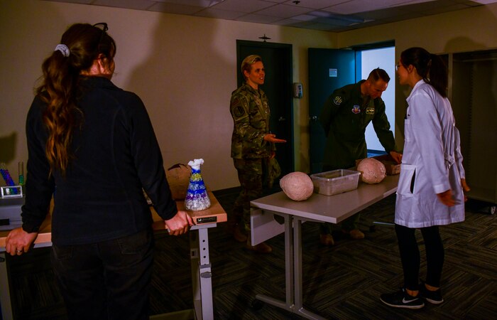 Col. Geoffrey Church, 9th Reconnaissance Wing commander, and Command Chief Master Sgt. Breana Oliver visited a haunted house at 9th Physiological Support Squadron on Beale Air Force Base, Calif., on Oct. 28, 2022.