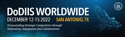 An image of a DoD IIS Worldwide Banner that reads. December 12-15. 2022. San Antonio, Texas. With sub text that reads. Transcending Strategic Competitors through Innovation, Adaptation and Collaboration.